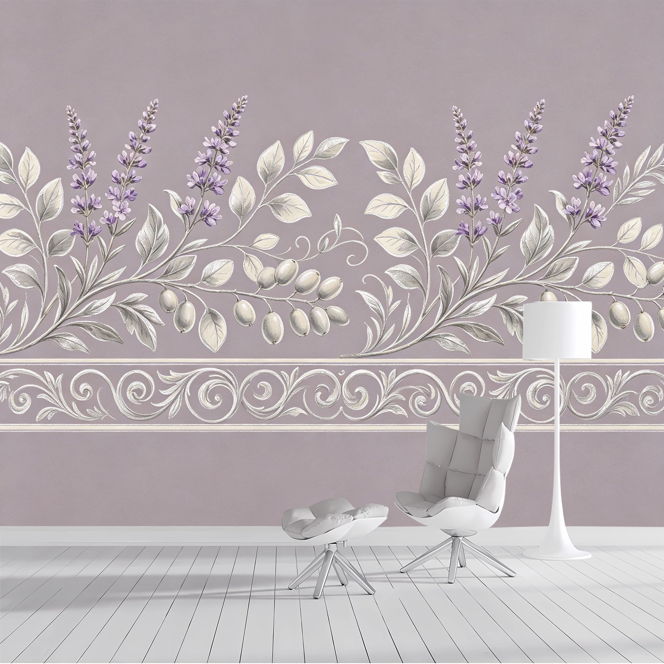 Custom Size Wall Mural Botanical Lavender Branch Olive Fruit Vintage Floral Watercolor SelfAdhesive Wall Fabric Removable Peel and Stick Wallpaper Wall Decor for Living Room Bedroom Bathroom