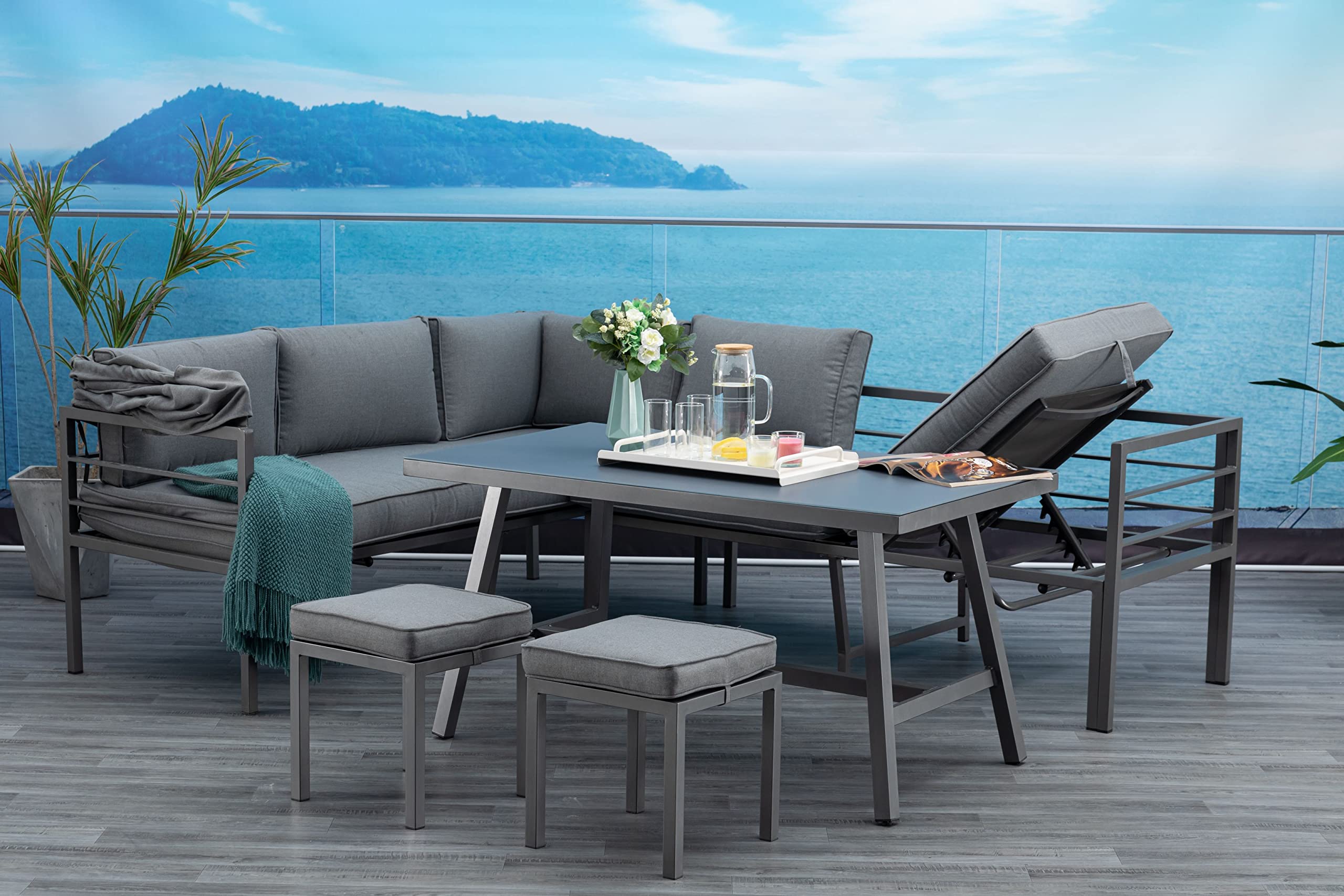 Mandalika Garden Newport Hohe Dining Aluminium Lounge, 3 in 1 | Mit Sonnendach, Verstellbare Kopfteile, Garten Sitzgruppe