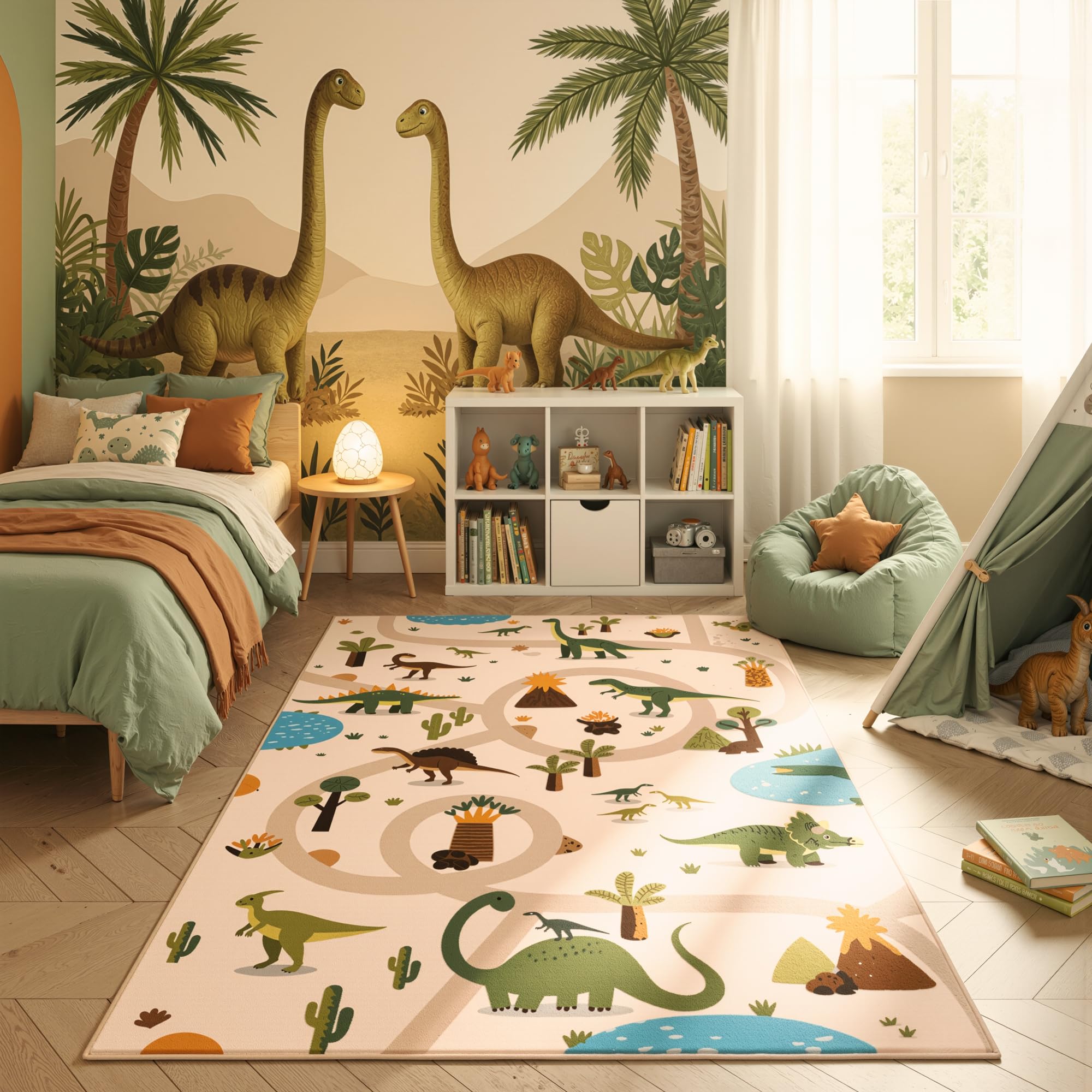 HomebyHome Kinderteppich Dinosaurier Spielteppich für Kinderzimmer in Beige Dino Motiv mit Straßen Größe 160x230 cm perfekt für große Kinderzimmer
