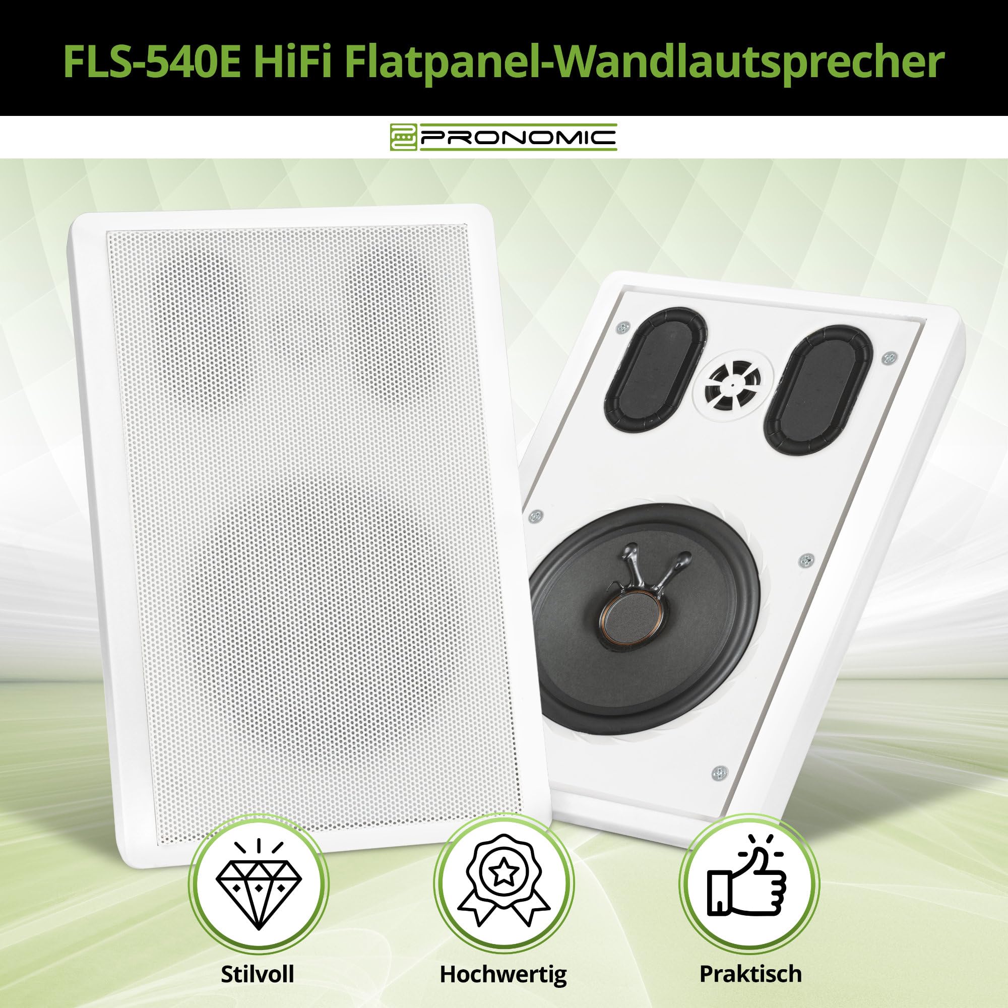 Pronomic FLS-540E WH Set Diffusori Flatpanel da Parete (2 Coppie HiFi Flat Speaker, Cassa 2 Vie, Woofer 5,25"/133mm, Tweeter 1,2"/30mm, 30/60 Watt (RMS/Peak), Connessione a morsetti) bianco
