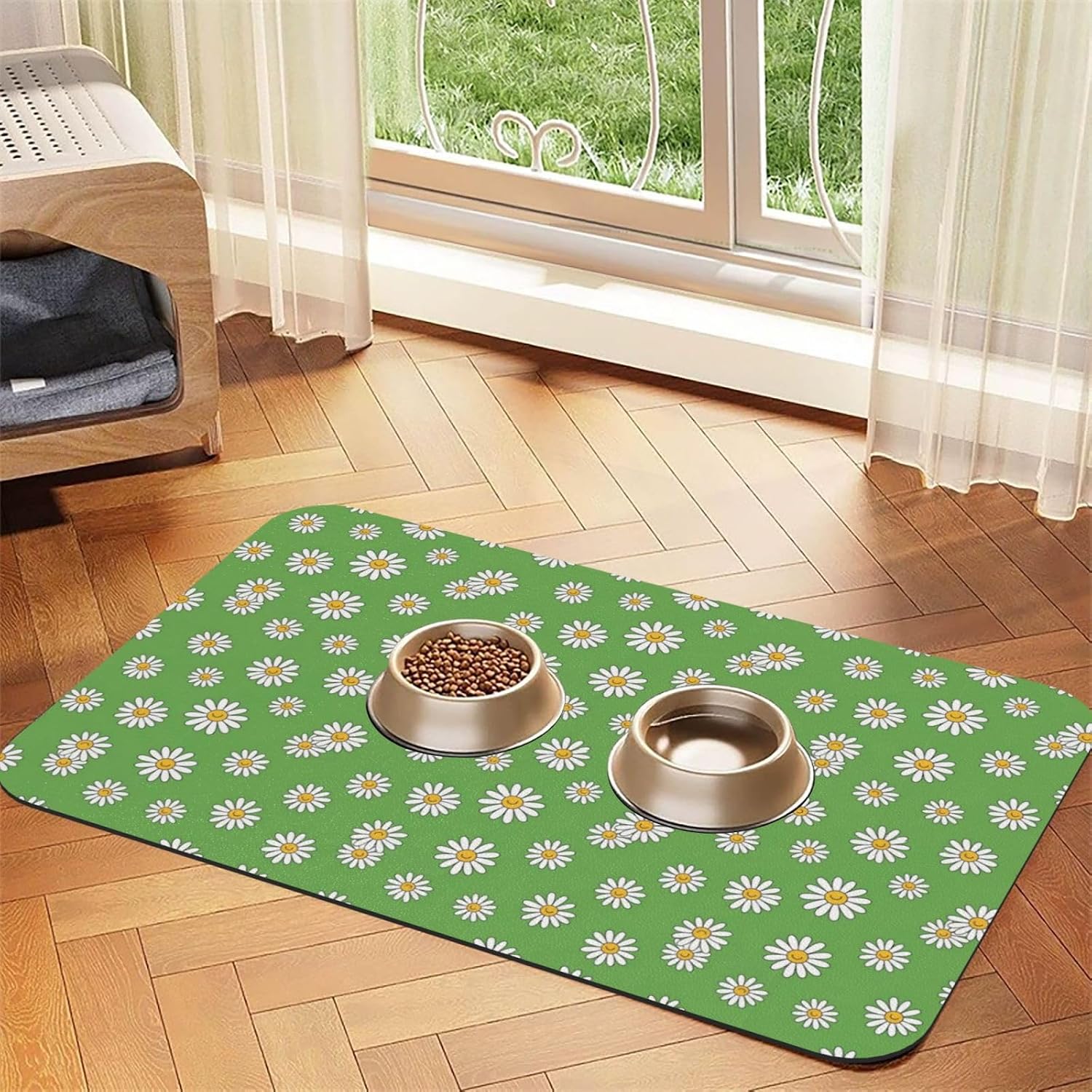 Non-Slip Leather Dog Food Mat, Absorbent Waterproof Cat Feeding Pad for Floors, Pet Bowl Mat Pet Supplies & Accessories Shabby Chic Flower Daisy Roses Spring Season Theme Green