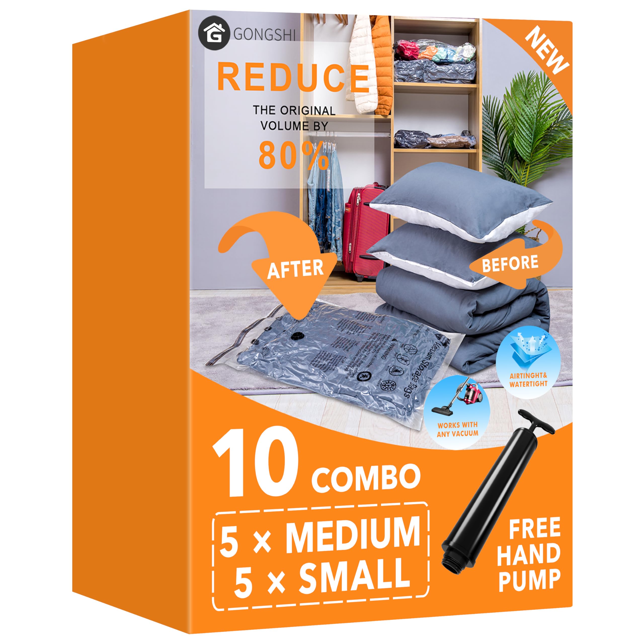 GONGSHI Vacuum Storage Bags for Clothing, 10-Piece, Medium &amp; Small