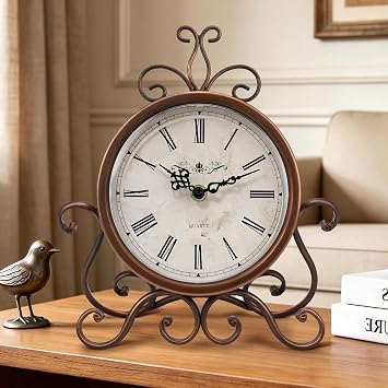 Table Clock on Stand Retro Desk Shelf Clocks Non-Ticking Antique Copper