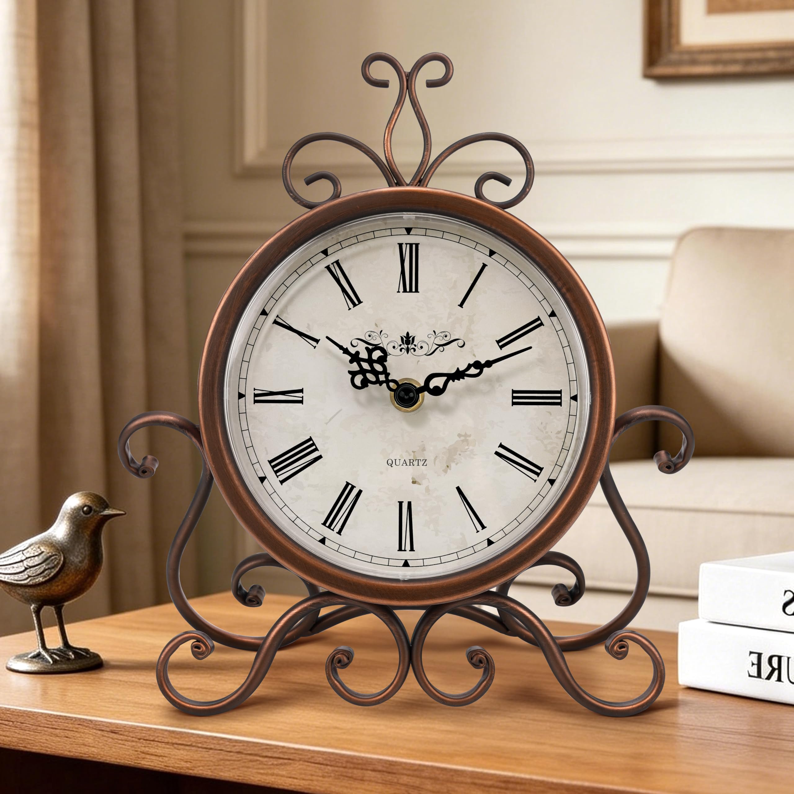 Mantel Clock Table Clock on Stand Retro Desk Shelf Brass Clock Non-Ticking