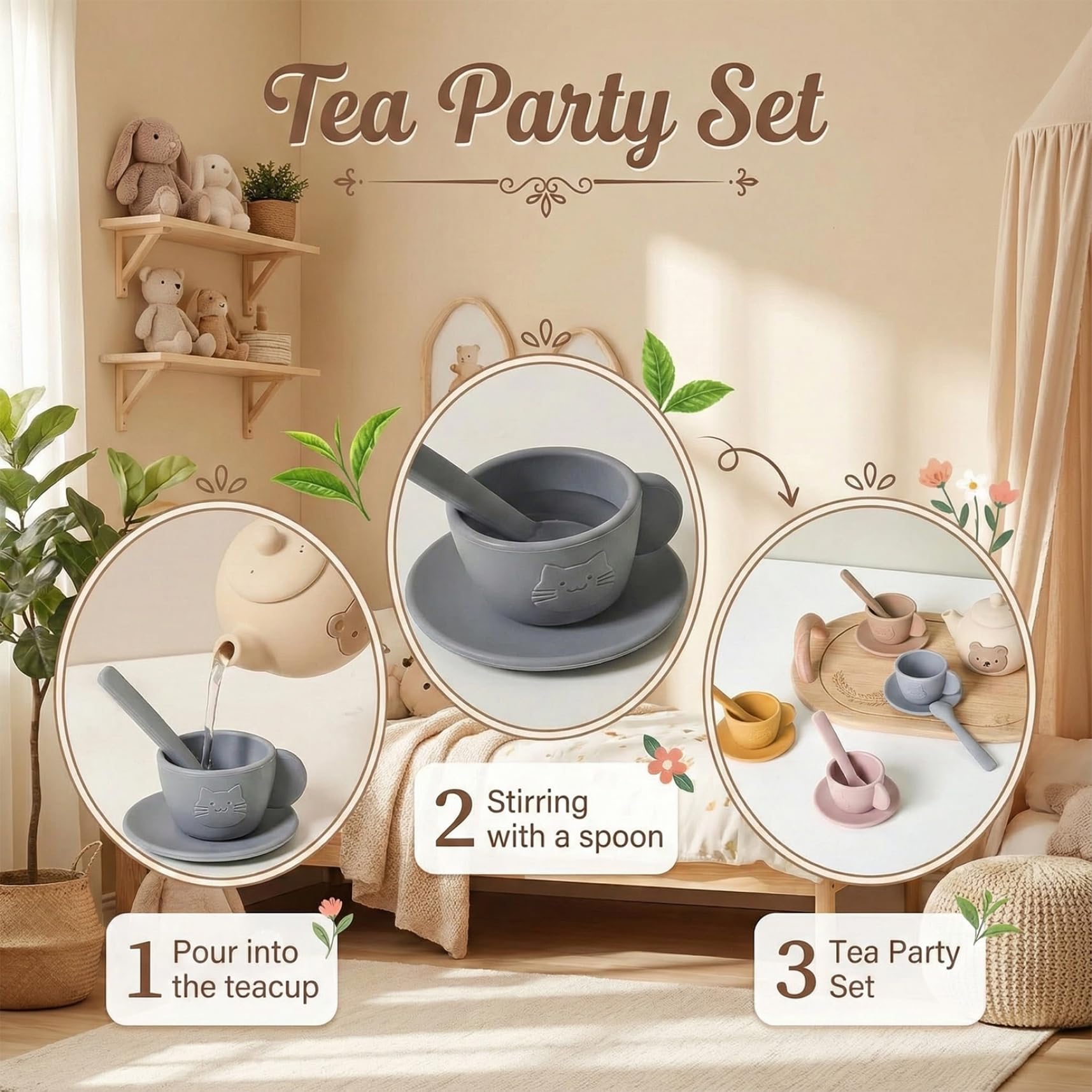 Tea Party Set, Tea Sets for Toddlers 3-5, Educational Party Set with Silicone Teapot, Cups, Coasters with Serving Spoon for Girls and Boys, Toddler — view 4