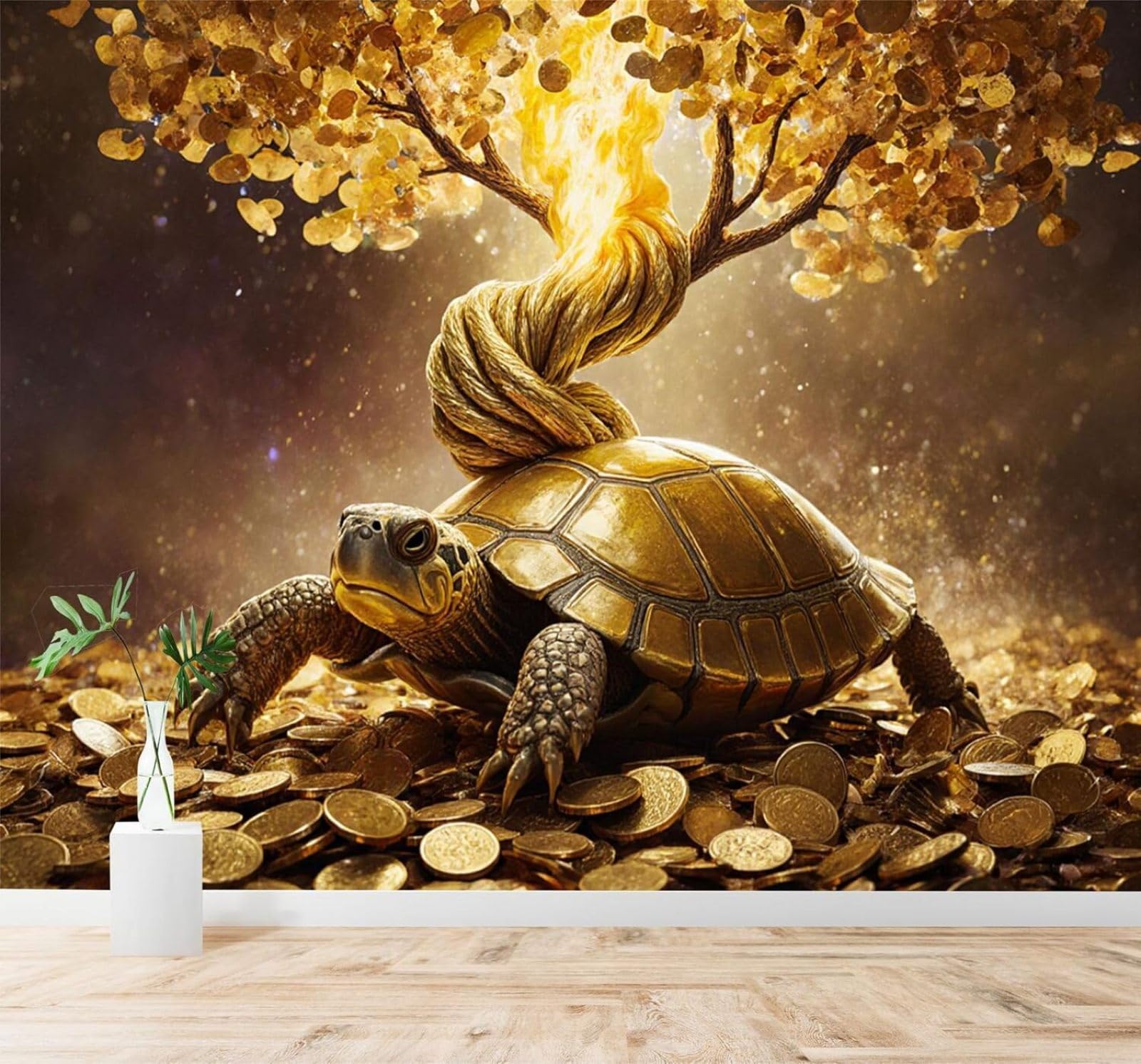 XLMING Fantasy Luxury Gold Turtles Trees 3D Wallpaper Silky Texture Home Study Office Grey Dining Room Sofa Bedroom Living Room TV Backdrop-250cm×170cm
