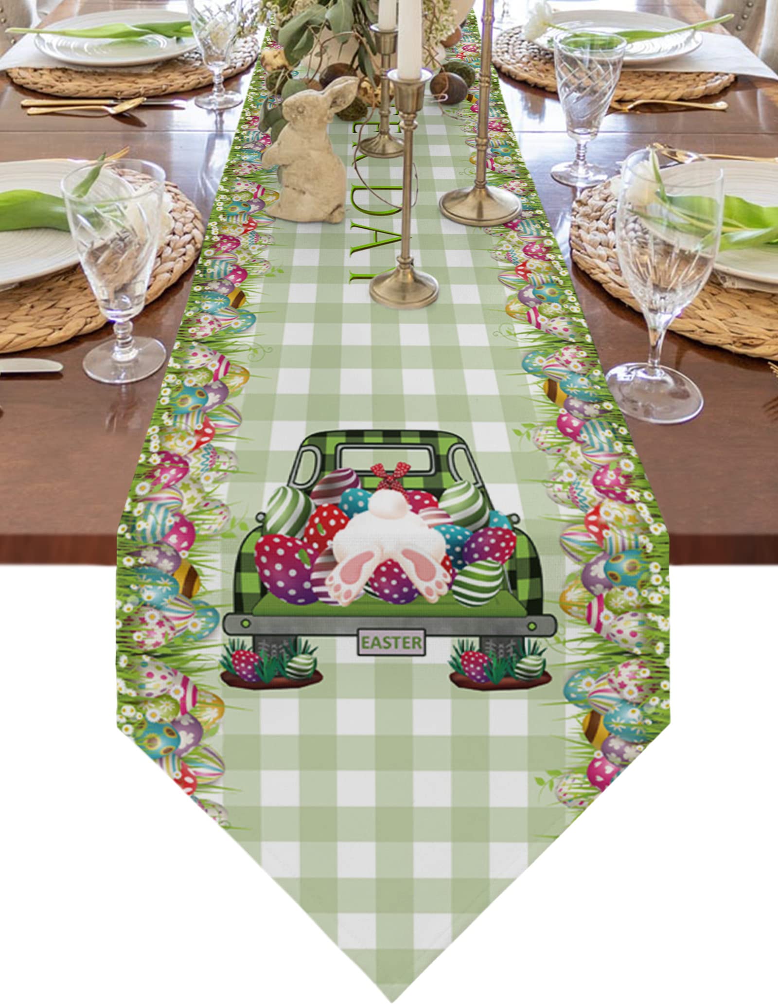 Z&L Home Easter Green Table Runner Linen Burlap Washable Lattice Dresser Scarve-36in Long,Farm Truck with Rubbit Butt Eggs Table Runners for Spring Wedding Dinner Holiday Party Kitchen Dining Decor