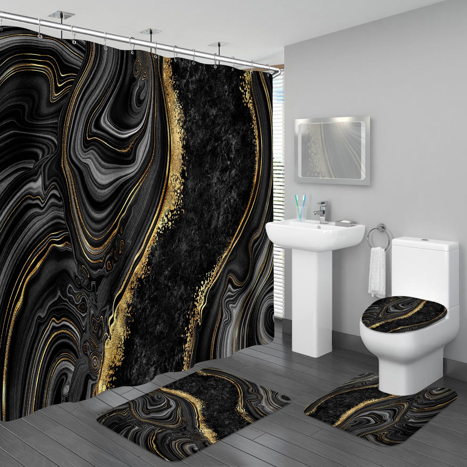 4PCS Black Gold Marble Shower Curtain Sets with Rugs, Modern Bathroom Set