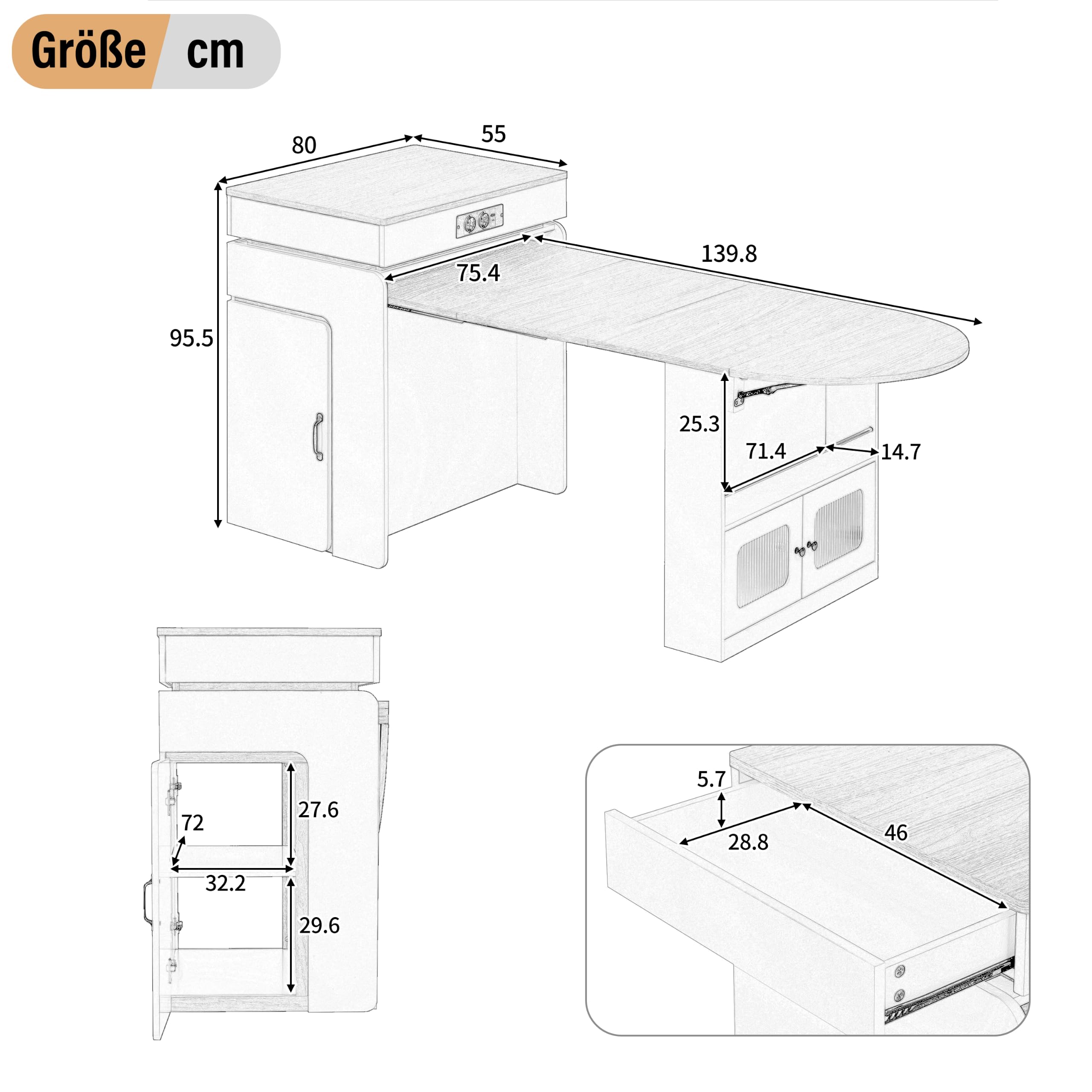 Isola da cucina con ruote, tavolo da pranzo estensibile con ciabatta elettrica e illuminazione LED, credenza con cassetti, funge da isola da cucina, credenza o tavolo da bar per cucina e sala