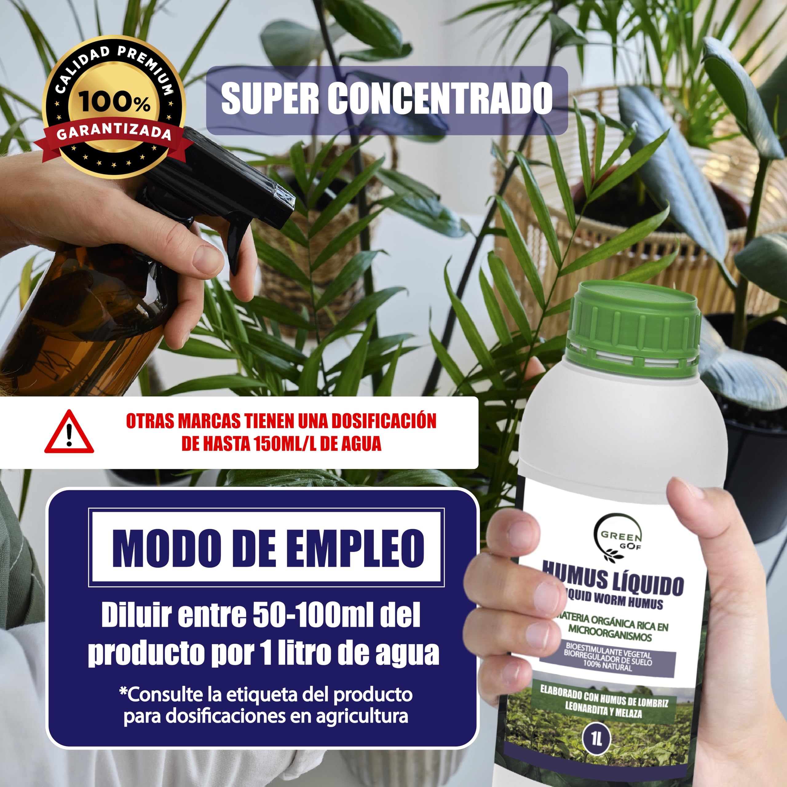 GREENGOF Humus Líquido de Lombriz Premium 1L. Enriquecido con Leonardita y Melaza. Fertilizante Rico en Microorganismos. Acelera el crecimiento de las Plantas. Aumenta el tamaño y cantidad de Frutos.