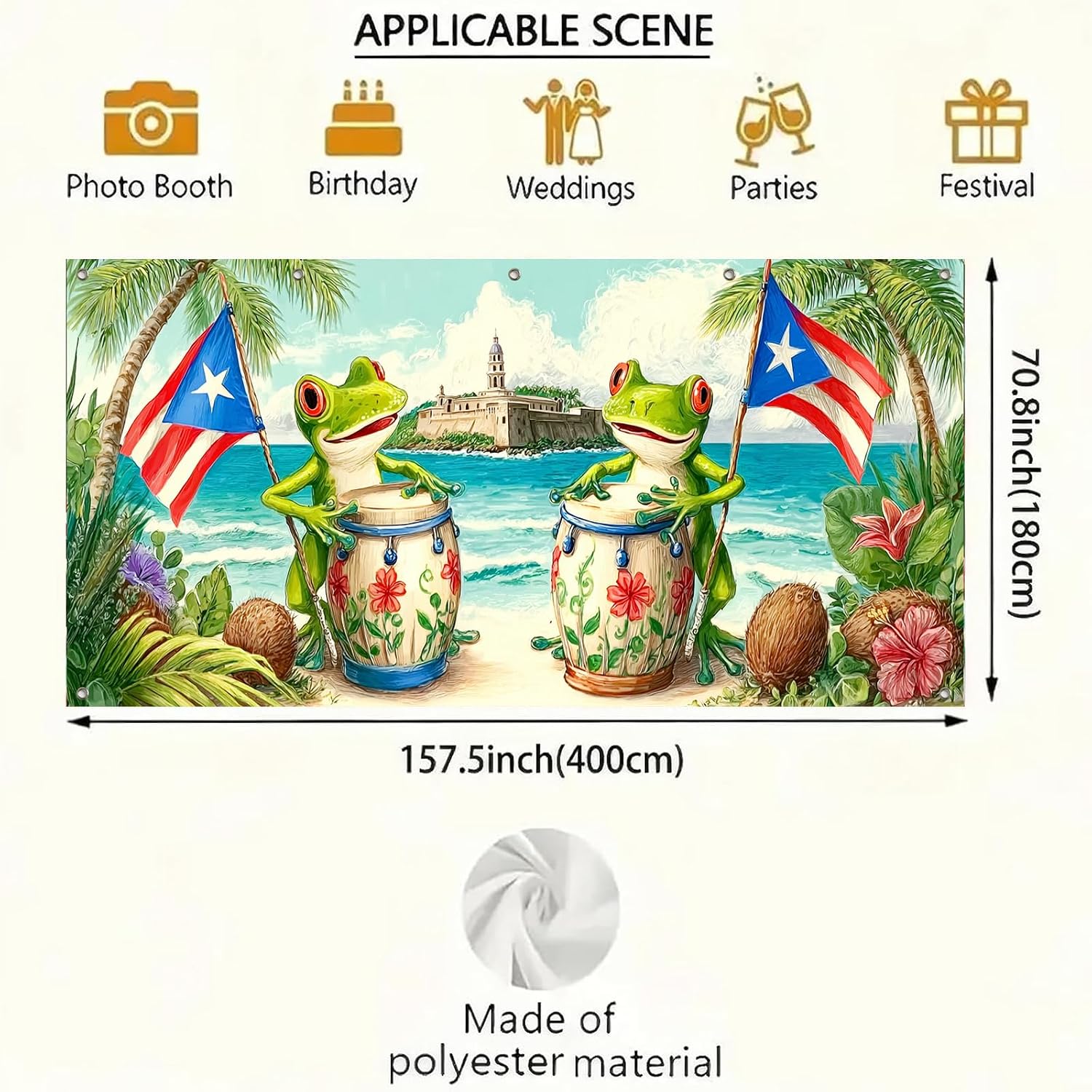 HOMETITUTE Vibrant Puerto Rico Beach Garage Door Banner 13x6ft Tropical Island Decoration Cheerful Coqui Frogs Playing Drums with Flag Photo Prop Background for Cultural Pride Outdoor Festive Scene