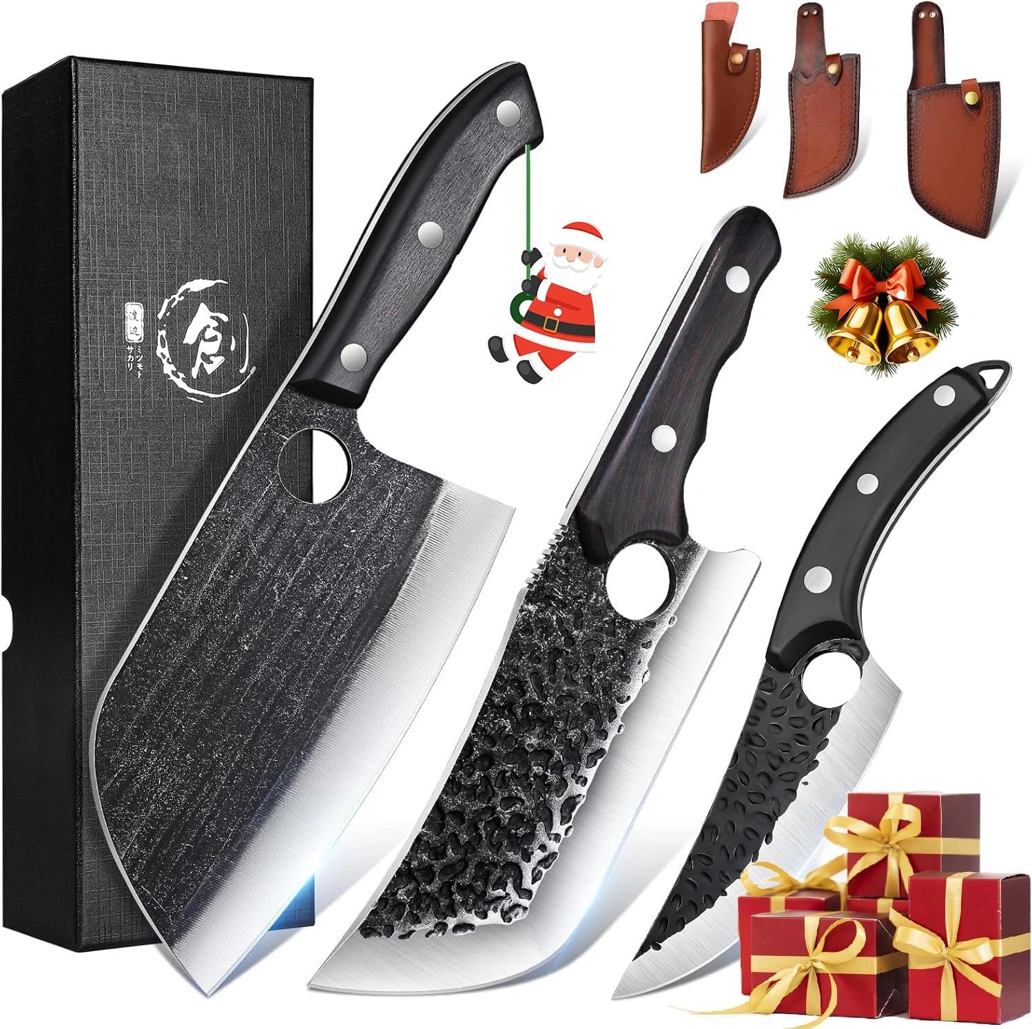 TIJERAS Butcher Knife Set, 3PCS Hand Forged Meat Cleaver, Serbian Chef Knife, Viking Knives with Sheaths, Meat Cutting Kitchen Knives Set for Kitchen Camping BBQ, Christmas Gifts for Men Women