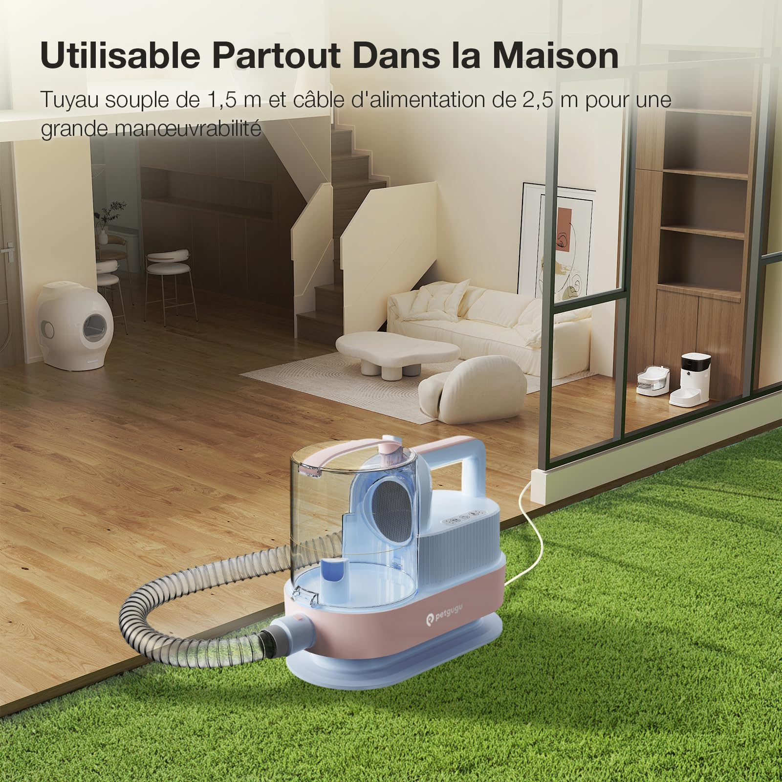 PETGUGU Aspirateur Poil de Chien, 7-en-1 Tondeuse Chien Professionnelle 11000Pa, Kit de Toilettage Silencieux pour Chiens et Chats, Trimmer Animaux avec 2,5L Réservoir, 3 Niveaux d’Aspiration, M1 Pro