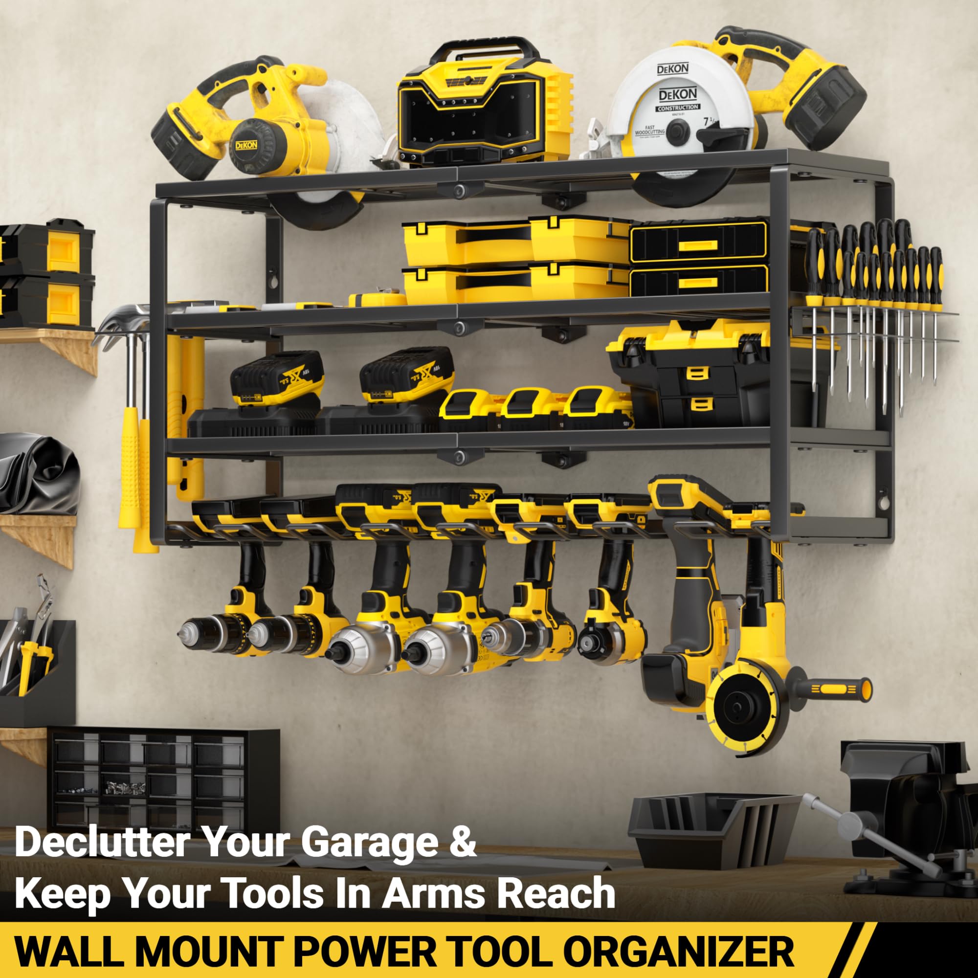 Close-up of the YYR 4 Layer Power Tool Organizer's heavy-duty steel construction and slot spacing for cordless drills.