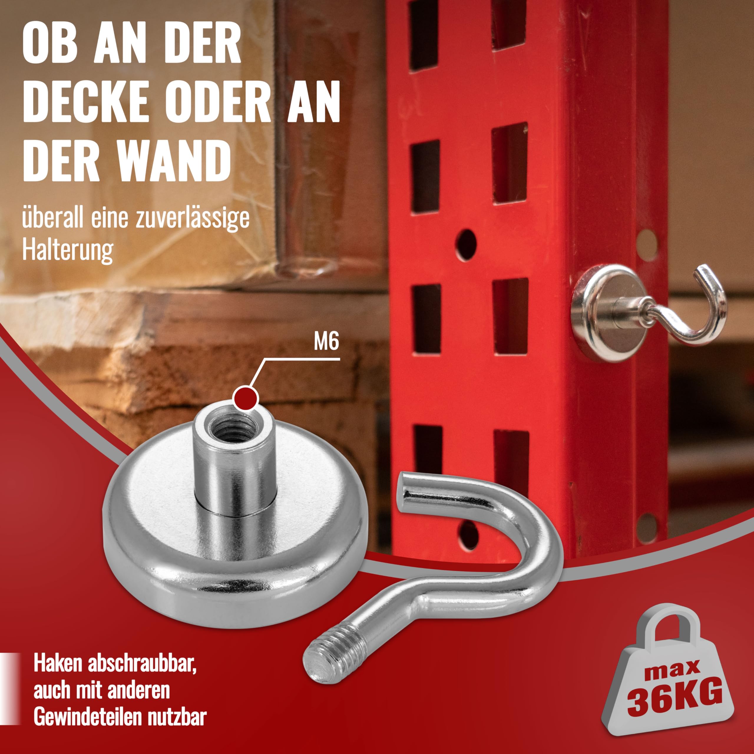 POPPSTAR 10 Stück Magnethaken extra stark (Haftkraft 36 kg, Durchmesser 32mm) Neodym Haken-Magnete