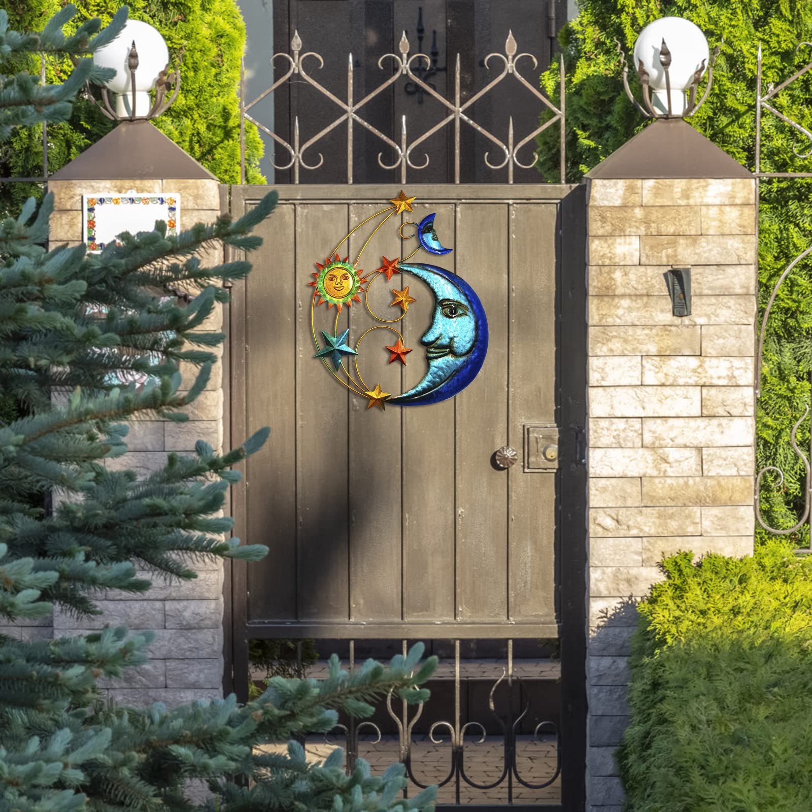 Décoration murale d'extérieur en métal de 43,2 cm, sculpture murale en métal avec lune et étoiles pour décoration murale d'intérieur, salon, chambre à coucher, cour, patio, jardin, clôture, terrasse,