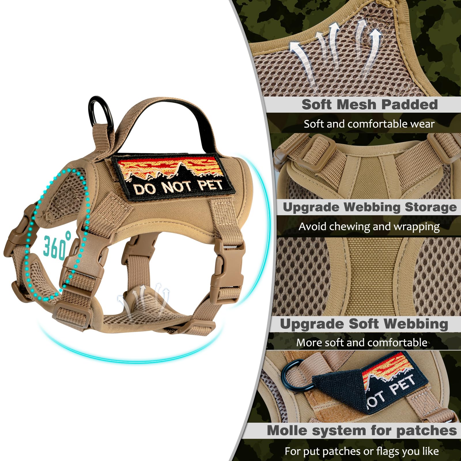 Set di pettorina e guinzaglio tattico per gatti, regolabile, a prova di fuga, per gatti di grandi dimensioni, facile da controllare, traspirante, con manico, toppe Molle (cachi + guinzaglio