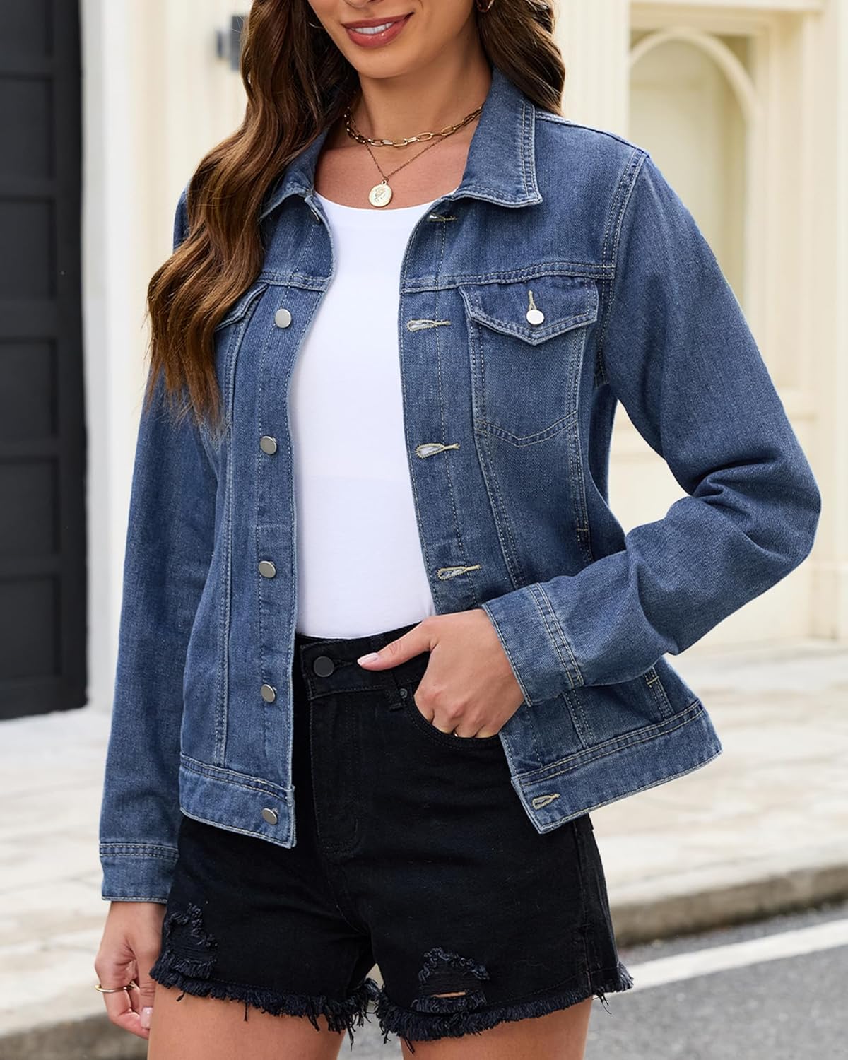 Women's Denim Jacket Fitted Button Down Long Sleeve Distressed Jean Trucker Jacket with Pockets - Image 5