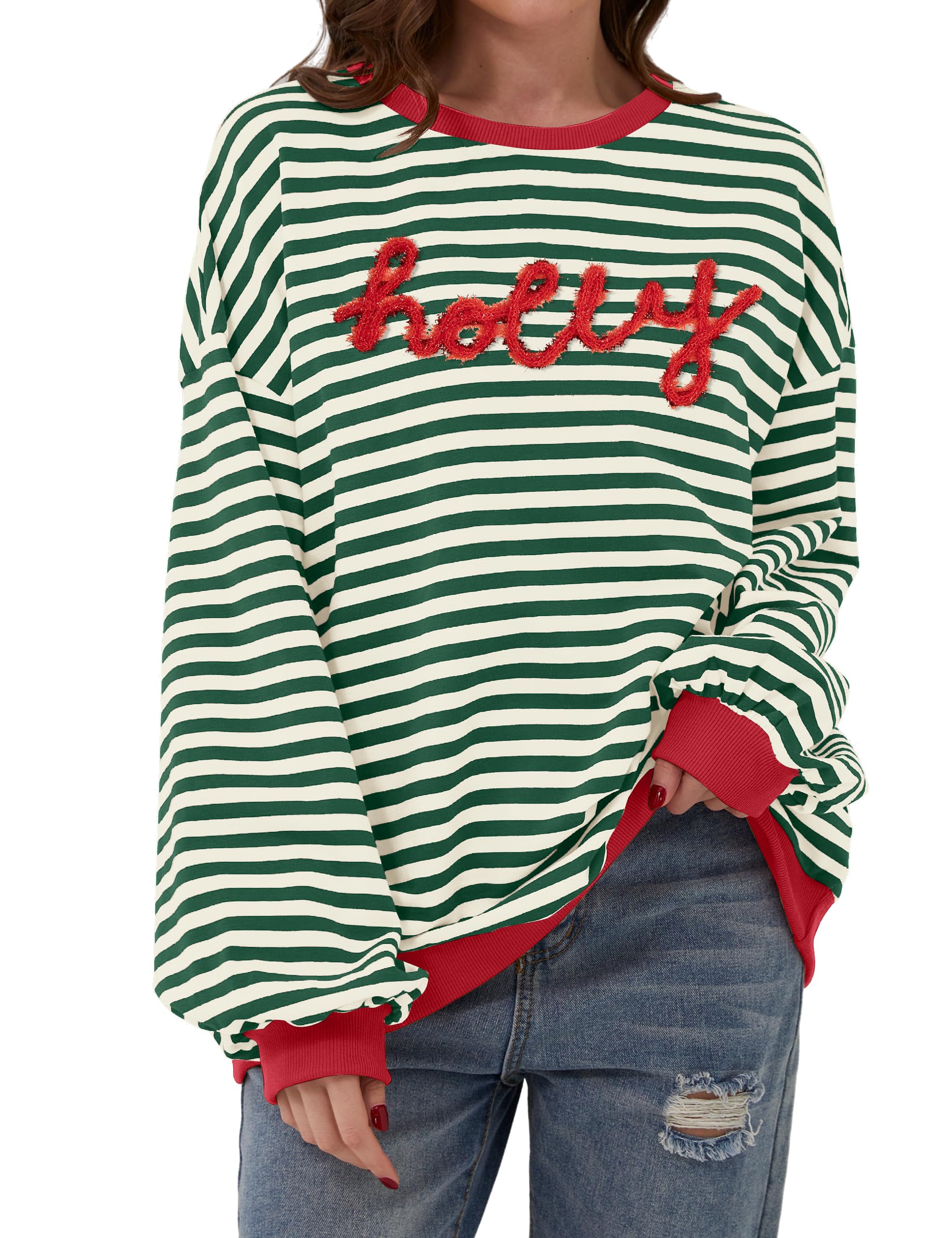 JINTING Christmas Sweatshirt For Women Christmas Hoodie Holly Striped Pullover Long Sleeve Crewneck Shirt