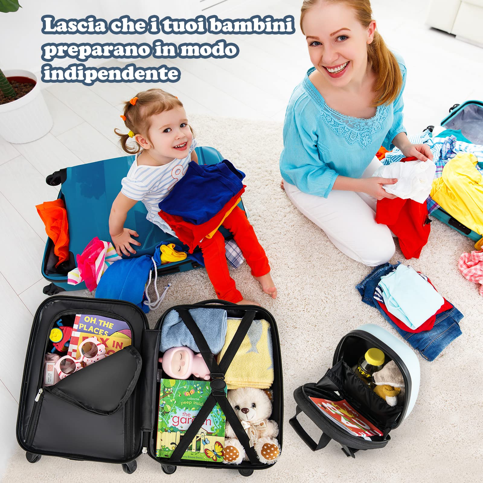 GYMAX Set di Valigia per Bambini, Trolley Bagaglio di 2 Pezzi a Mano Cavalcabile con Cinghia e Tracolla, Valigia Rigida con Ruote e Zaino, Regalo per Bambino e Bambina (12"+16", Aereo Auto)