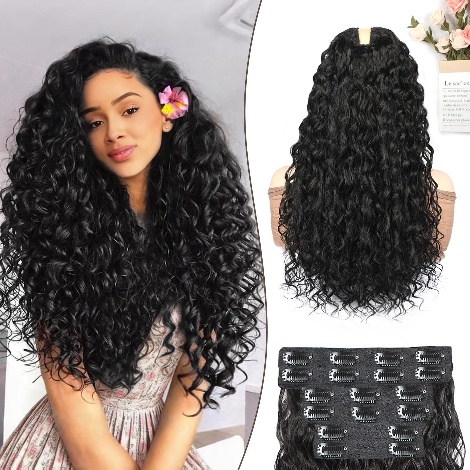 Curly Clip In Hair Extensions 6 Pcs 18 Clips Water Wave Clip Ins 100％ Pure Protein Silk Fiber Real Hair Feeling 16 Inch Full Head Double Lace Weft Soft Natural Hair Extensions for Women (16 Inch 1B)