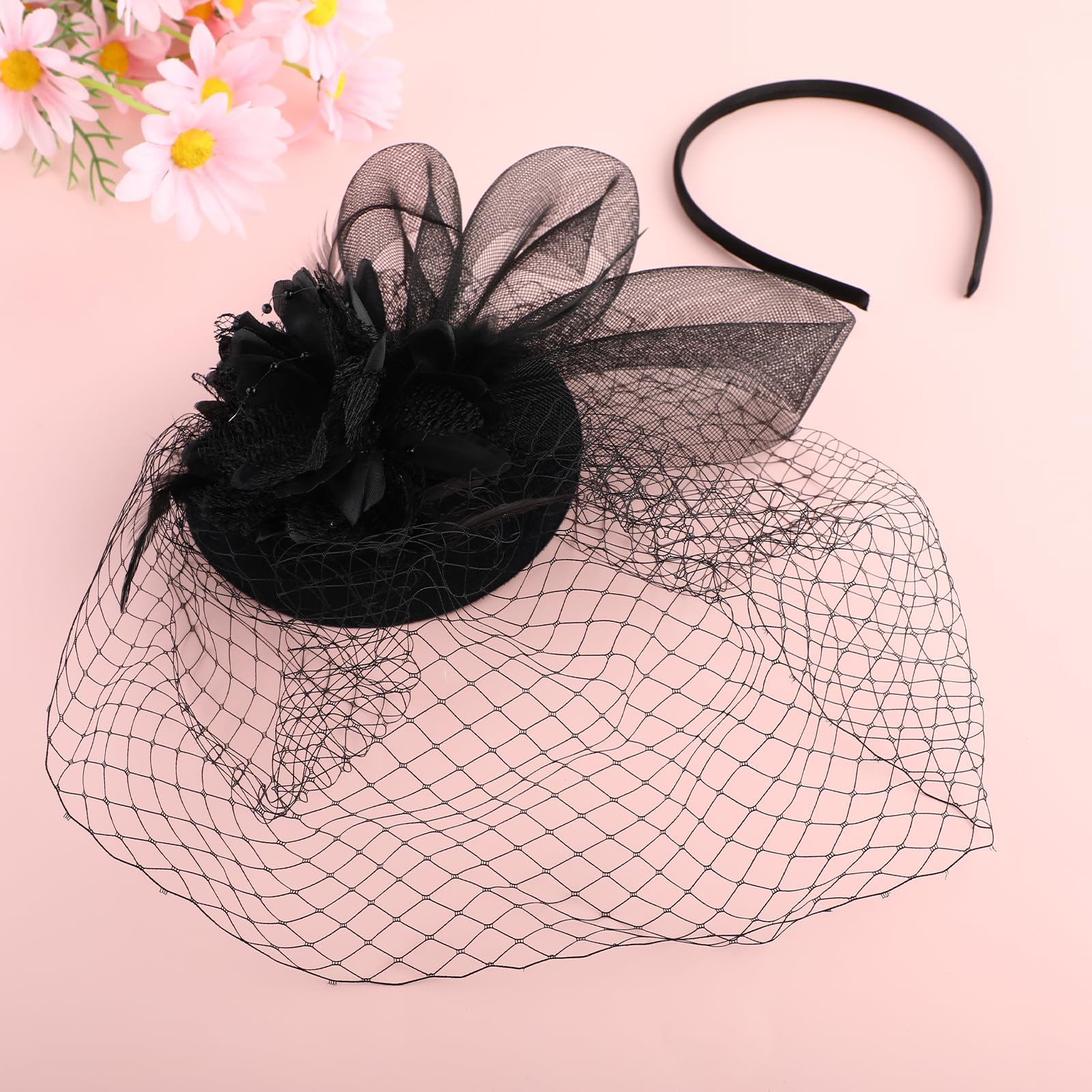 Sombrero de tocado para mujer, para fiesta de té, con clip de malla de flores, diadema, sombrero Derby para boda, cóctel, Negro - 7