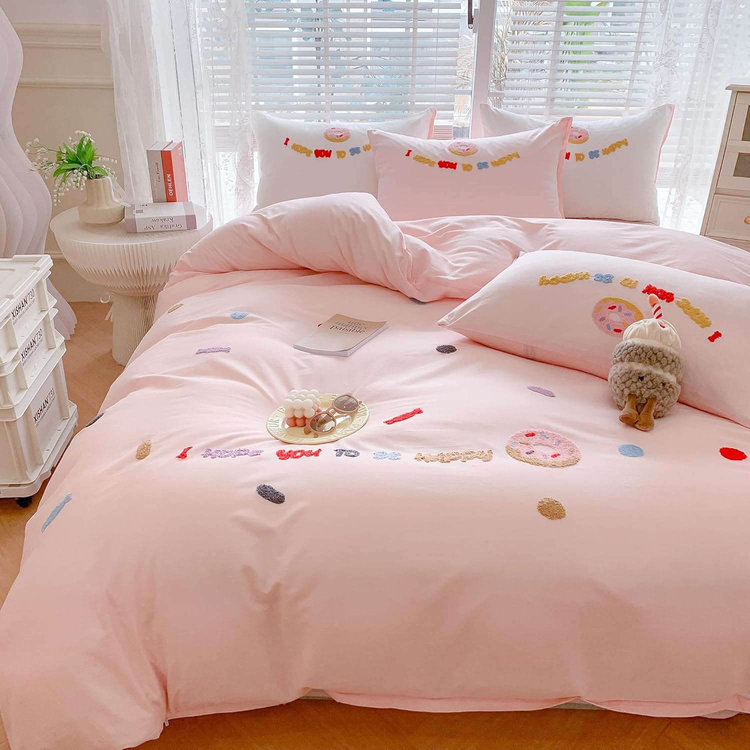 MorroMorn Twin Duvet Cover Cotton, 3D Embroidery Twin Bedding Sets Pink Bed Set, Fluffy Chenille Embroidered Comforter Covers Soft Sweat-Absorbing for Girls Kids Teen (Flowers Pink, Twin/Twin XL)