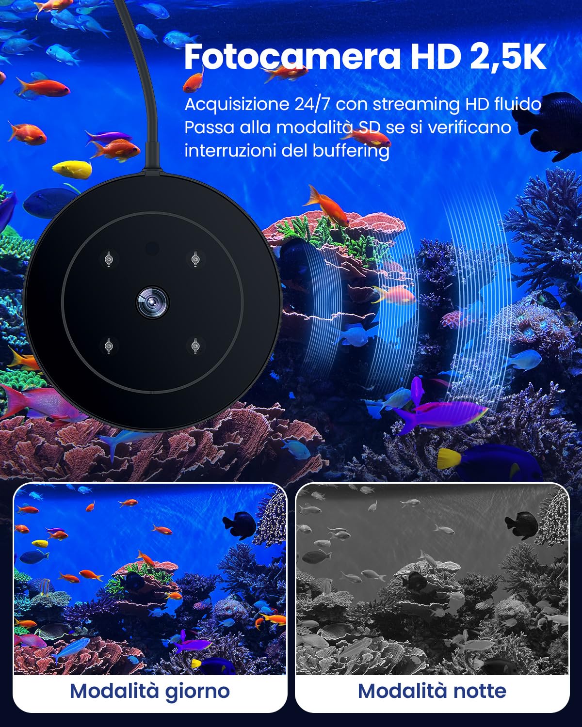 Mangiatoia Automatica Acquario WOLMDS con Fotocamera 2.5K e Controllo WiFi/App, Dispenser Cibo Pesci