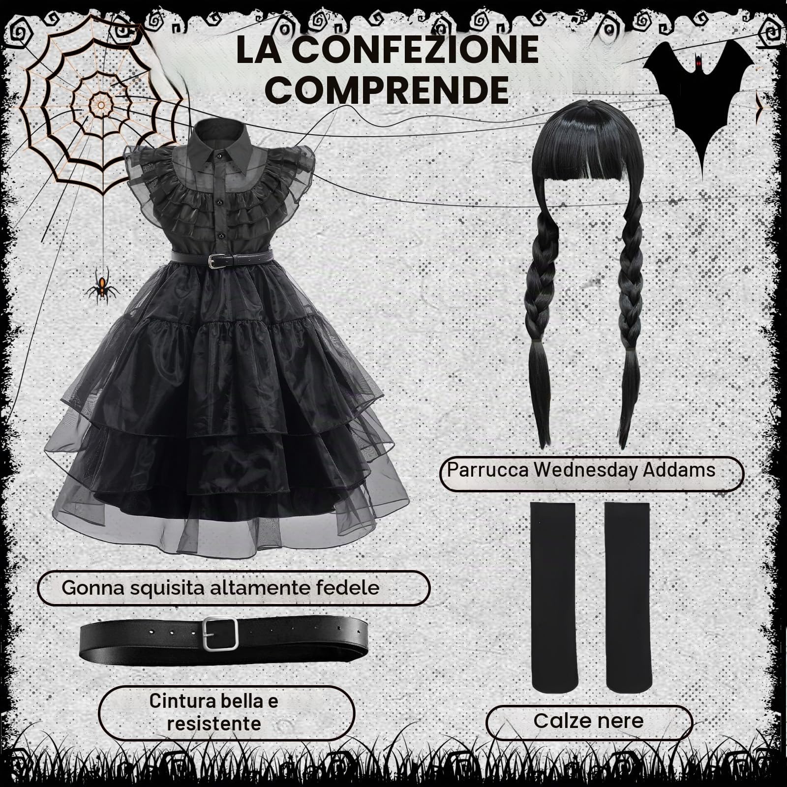yumcute Gotici Costume Vestito Bambina, Costume Halloween per Bambina, Vestito con Gonna in Tulle Nero per Bambin con Parrucca Cintura e Calze, Principessa Nero Cosplay Party Halloween Carnevale