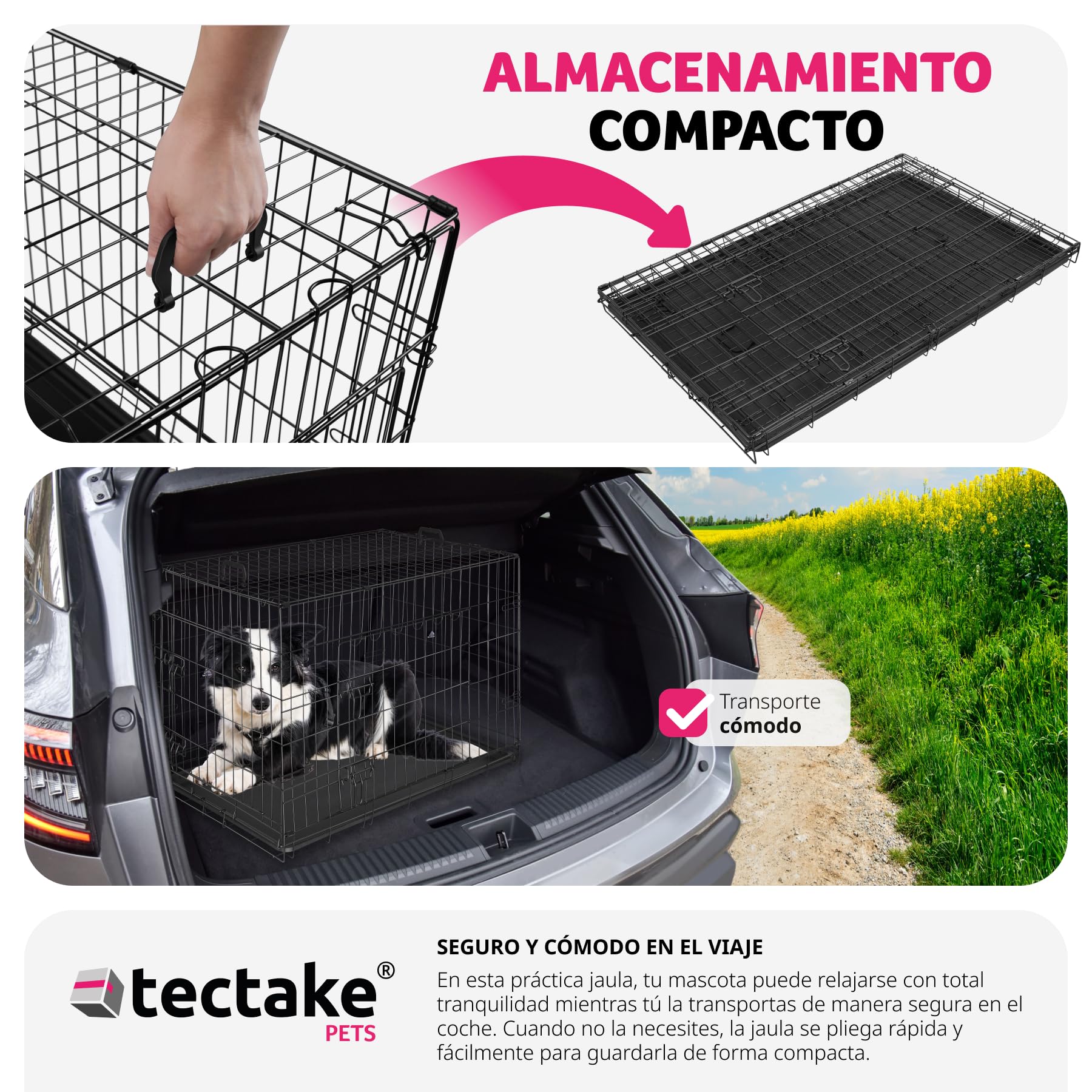 tectake® Jaula para Perros Plegable 108 x 71 x 76 cm con 2 Asas de Transporte, Resistente, Plegable Doble Puerta con Cierre y Bandeja Extraíble, Transportin Mediano Perro, Fácil Limpieza - L
