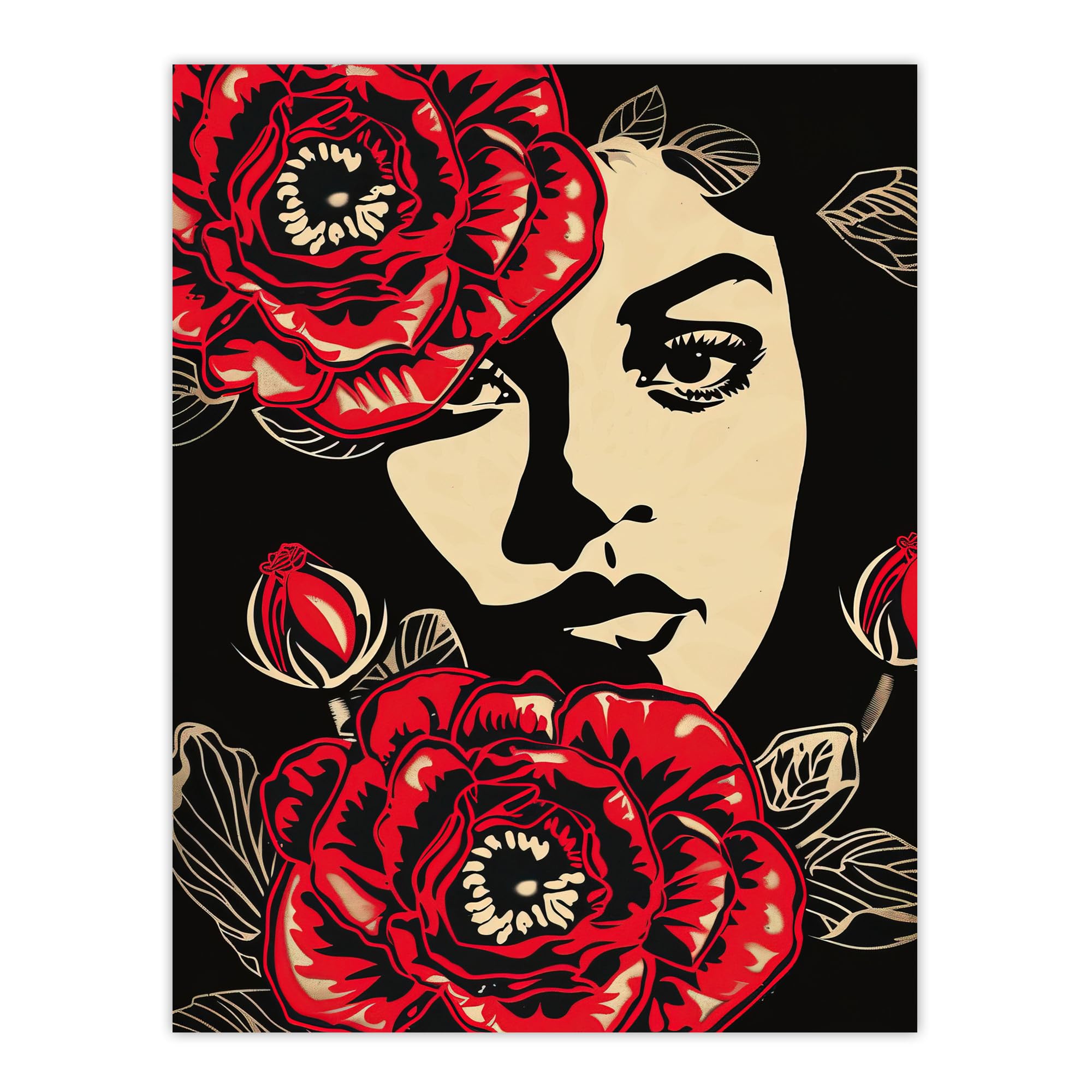 Artery8 Woman Face & Flowers Wall Art Print - Red - W18" x H24"