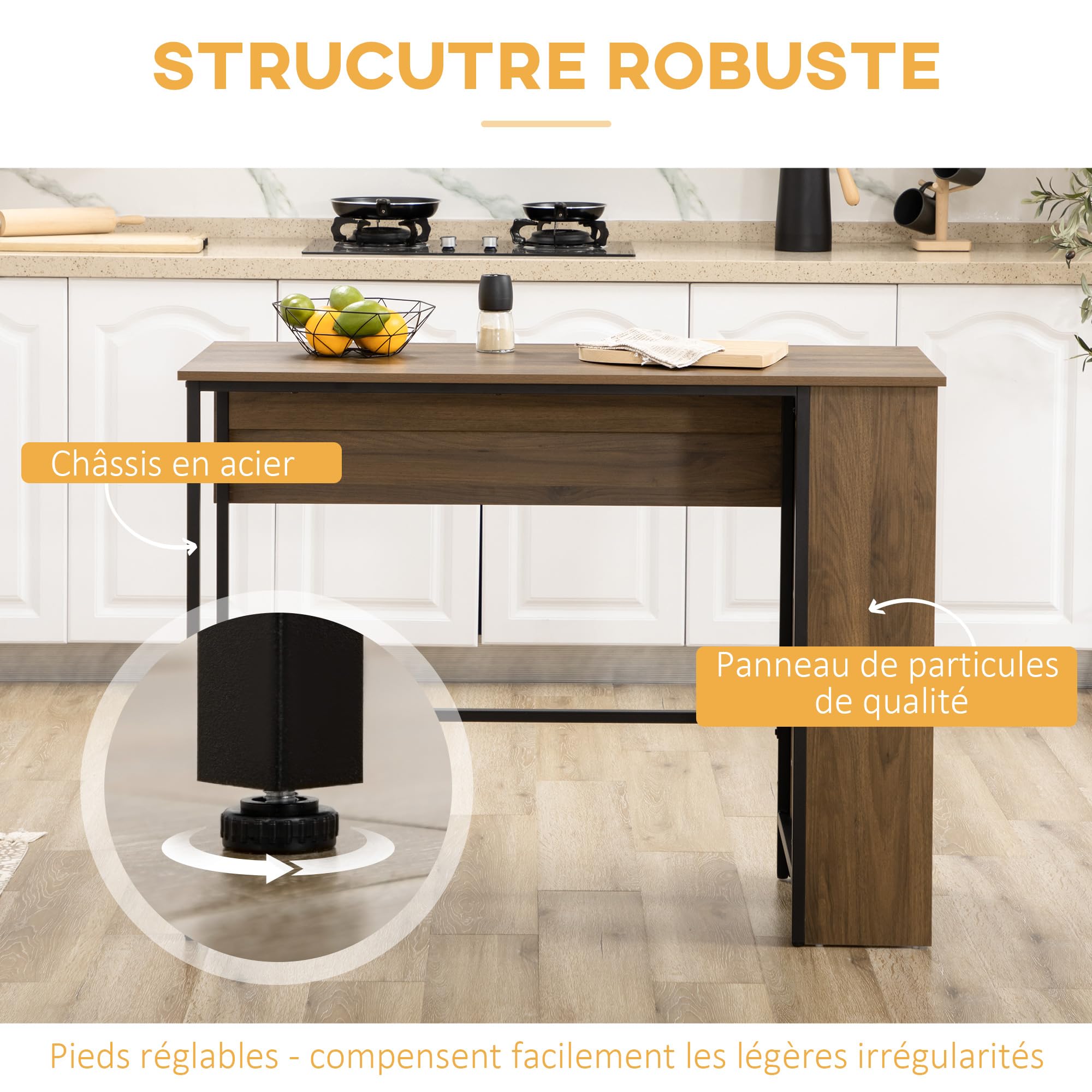 HOMCOM Tavolo da bar con contenitore Tavolo da bistrot Isola centrale con piano laterale pieghevole e 3 ripiani - 120 x 76 x 91,4 cm marrone