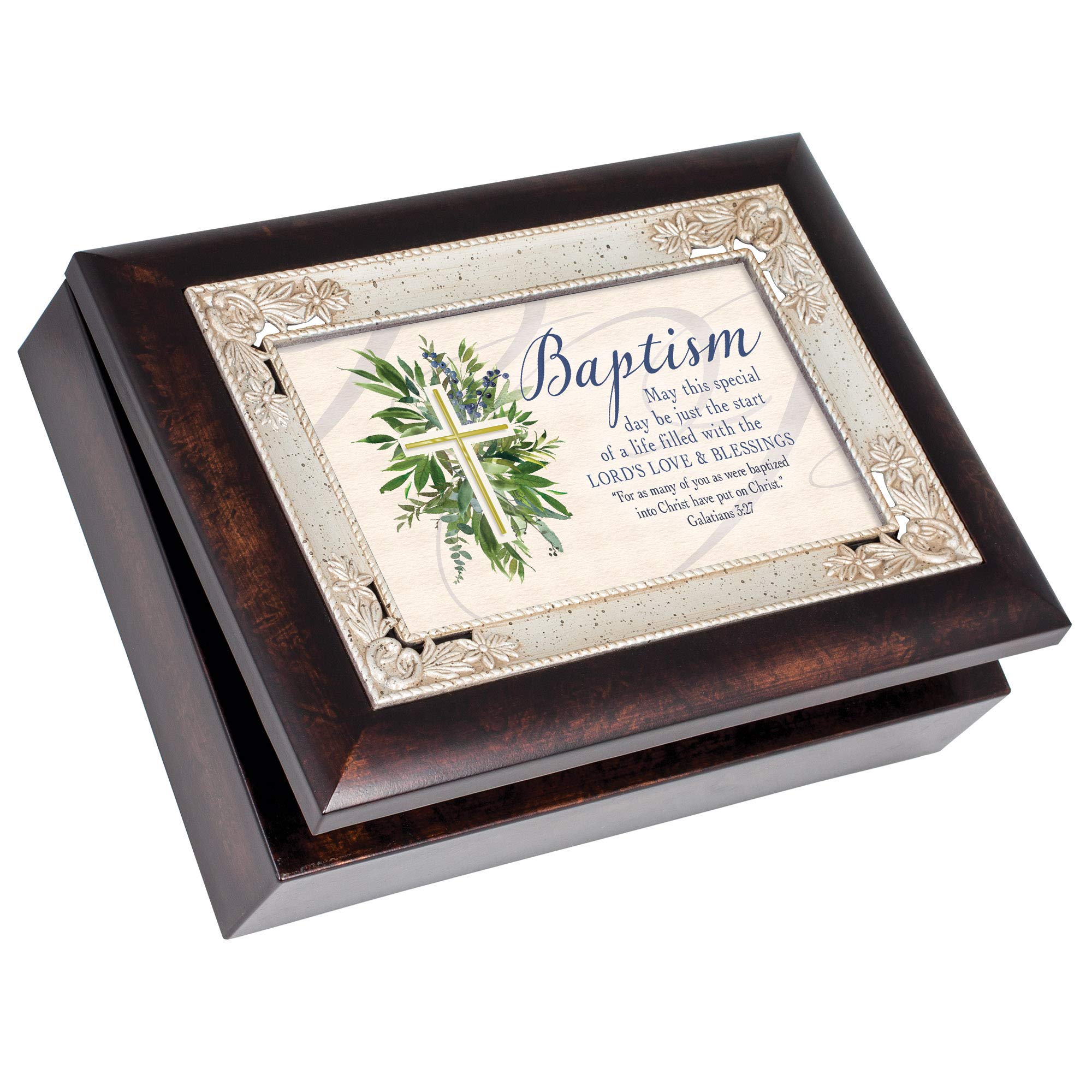 Caja de musica Bautismo Cottage Garden joyero madera burlwood con musica Amigo en Jesus