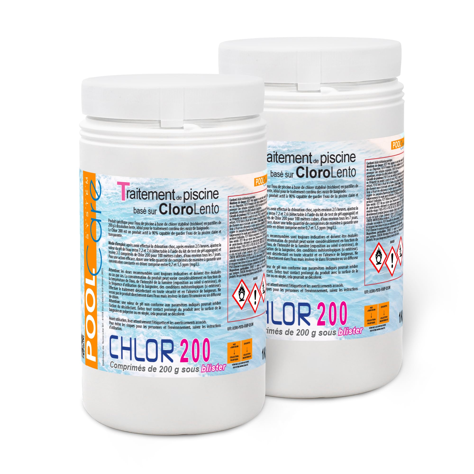 Pool Care Chlor 200 2 kg (1 + 1) - Chlore en pastilles blisterate de 200 GR (trichlore 90/200) Actif à 90% assainissant à Dissolution Lente pour Piscine