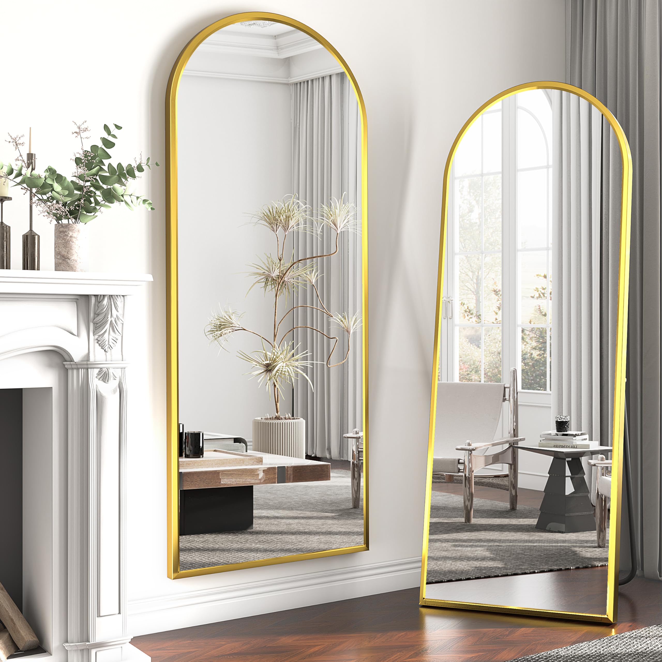 Bogen - Specchio a figura intera, 165 x 60 cm, grande specchio da terra, curvo, da parete, per camera da letto, spogliatoio (oro)