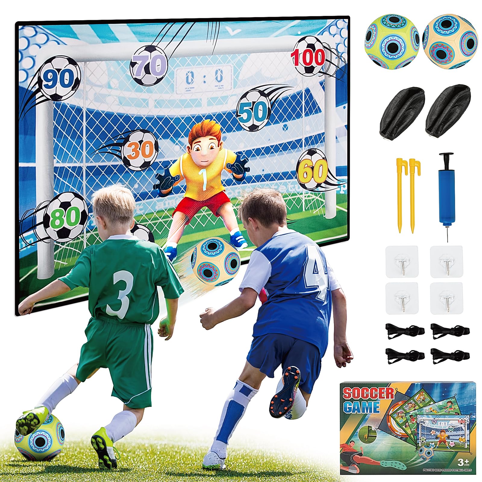 Soccer Game Mat Set for 3 4 5 6 7 8 Years Old Kids Toddler, Outdoor Backyard Indoor Mini Soccer Toss Toys, with 2 Velcro Soccer Balls Boys Girls Training Goals Birthday Gifts