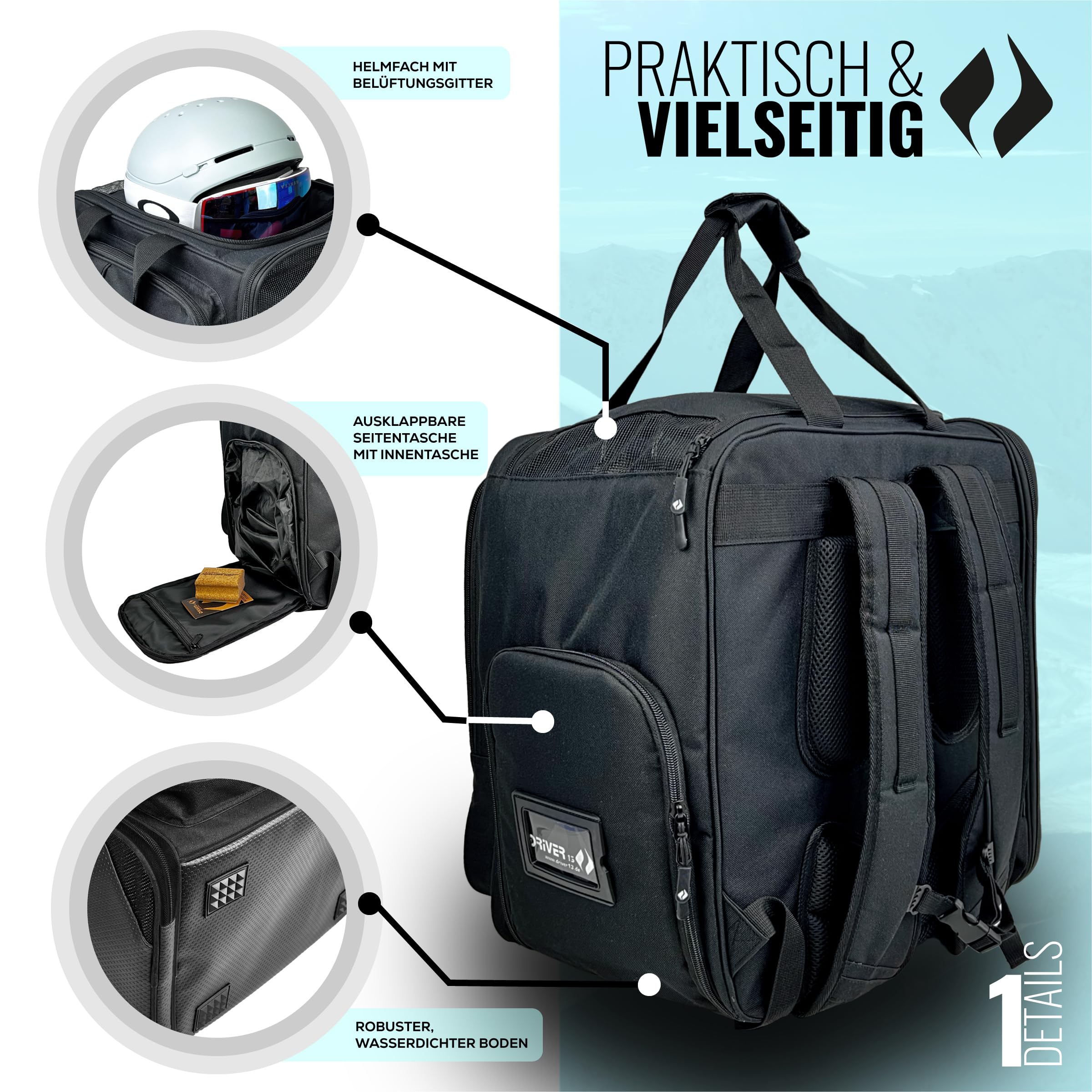 Driver13 Skistiefelrucksack mit Helmfach, Bootbag Rucksack für Skischuhe und Snowboardboots (Varianten)