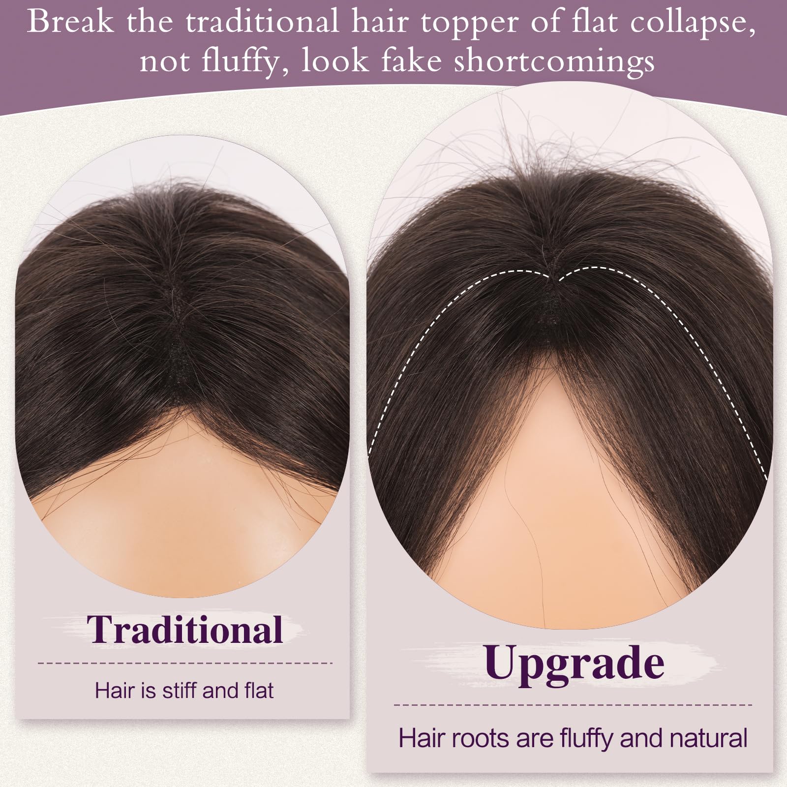 RUWISS Topper Cheveux Humain Femme Marron Foncé Hair Topper Natural Postiches à Clip Légère Droits Cheveux Humains sans Franges