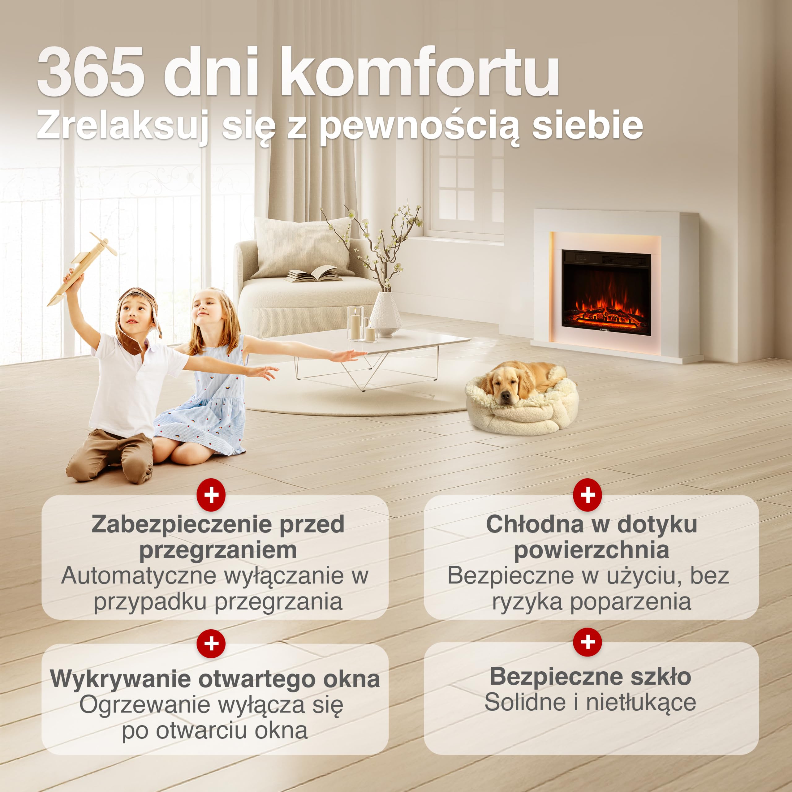 KAMINIO Kominek elektryczny MATTI – elektryczny kominek stojący z ogrzewaniem, efekt płomienia 3D, Oświetlenie otoczenia LED, pilot zdalnego sterowania, biały