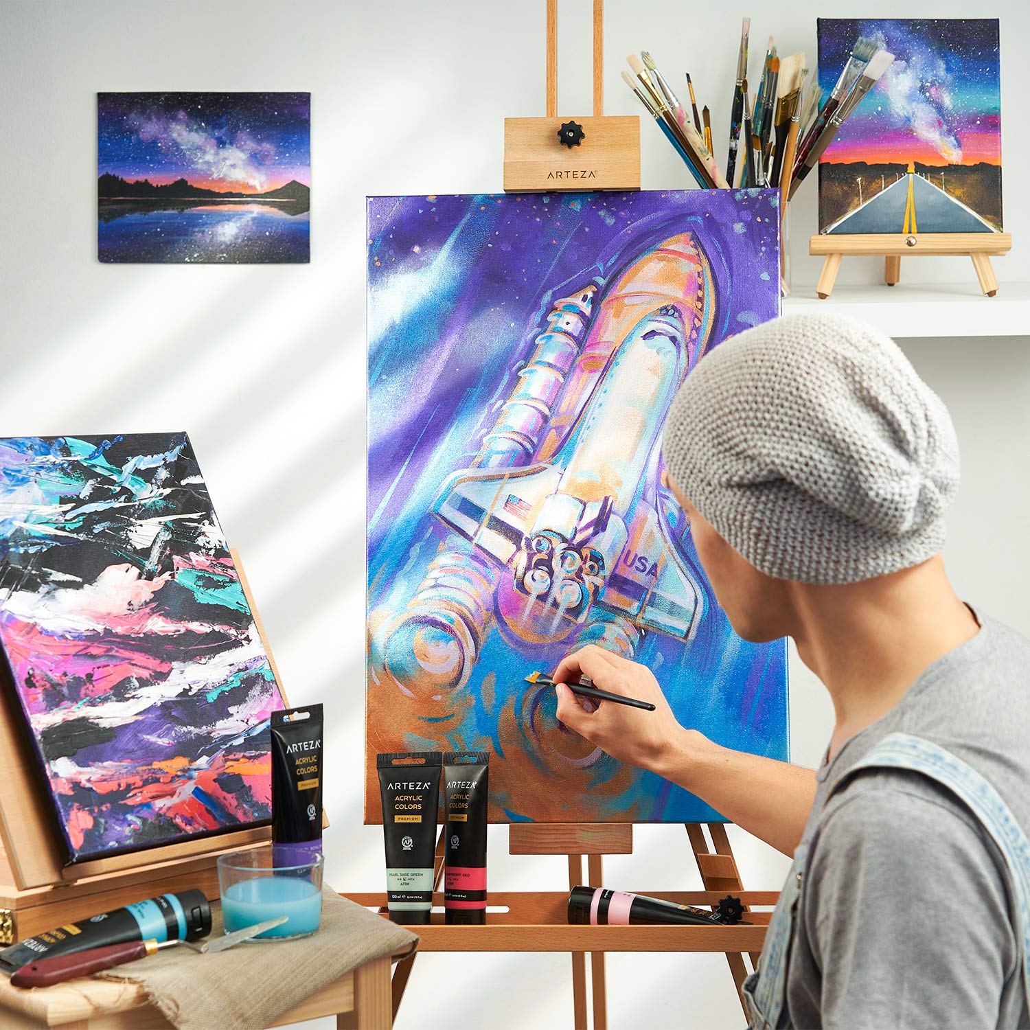 ARTEZA Peinture acrylique métallisée, set de 8 couleurs métallisées en tubes de 120 ml pigments riches, sans décoloration, peintures non toxiques pour les artistes, les peintres amateurs sur toile