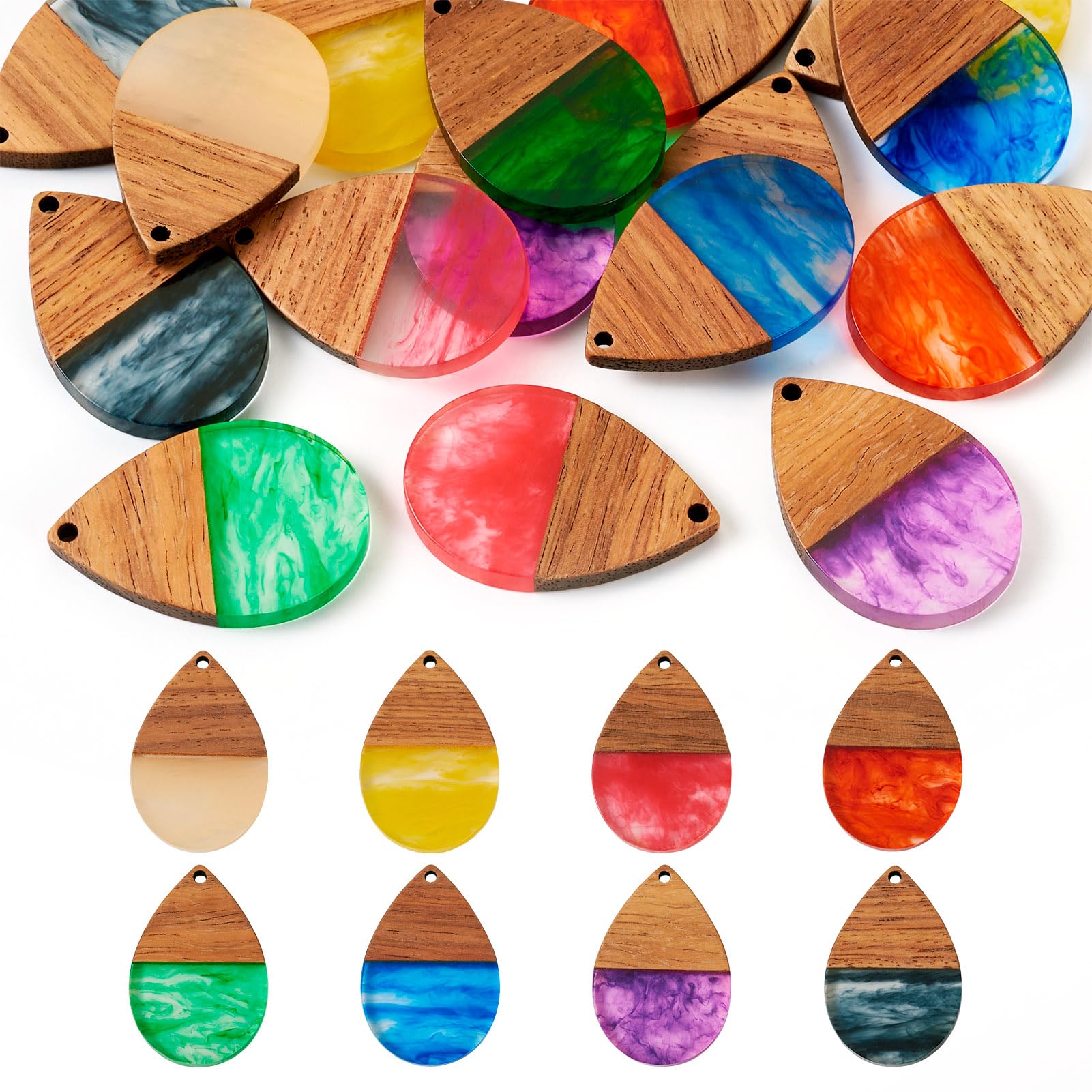 FASHEWELRY 16Pcs Resin Wooden Earring Pendants Colorful Teardrop Walnut Wood Charms for Dangle Drop Earring Necklace Jewelry Making
