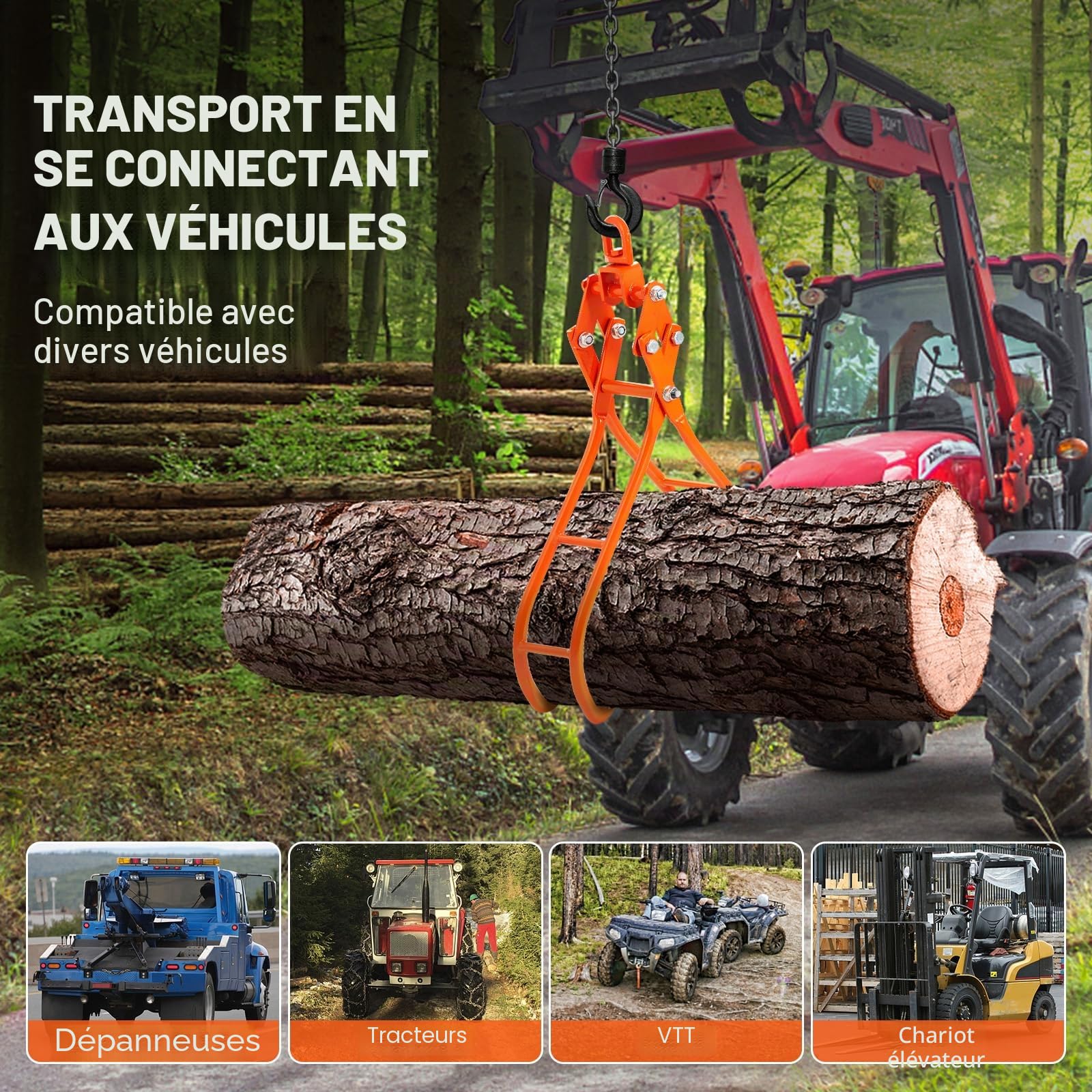 VEVOR Pince Forestière pour Troncs 711,2 mm Pince de Levage pour Bois Bûches Crochets 4 Griffes Pivotante Capacité Charge 1000 kg Pince à Bois en Acier pour Tracteurs VTT Camions Chariots Élévateurs