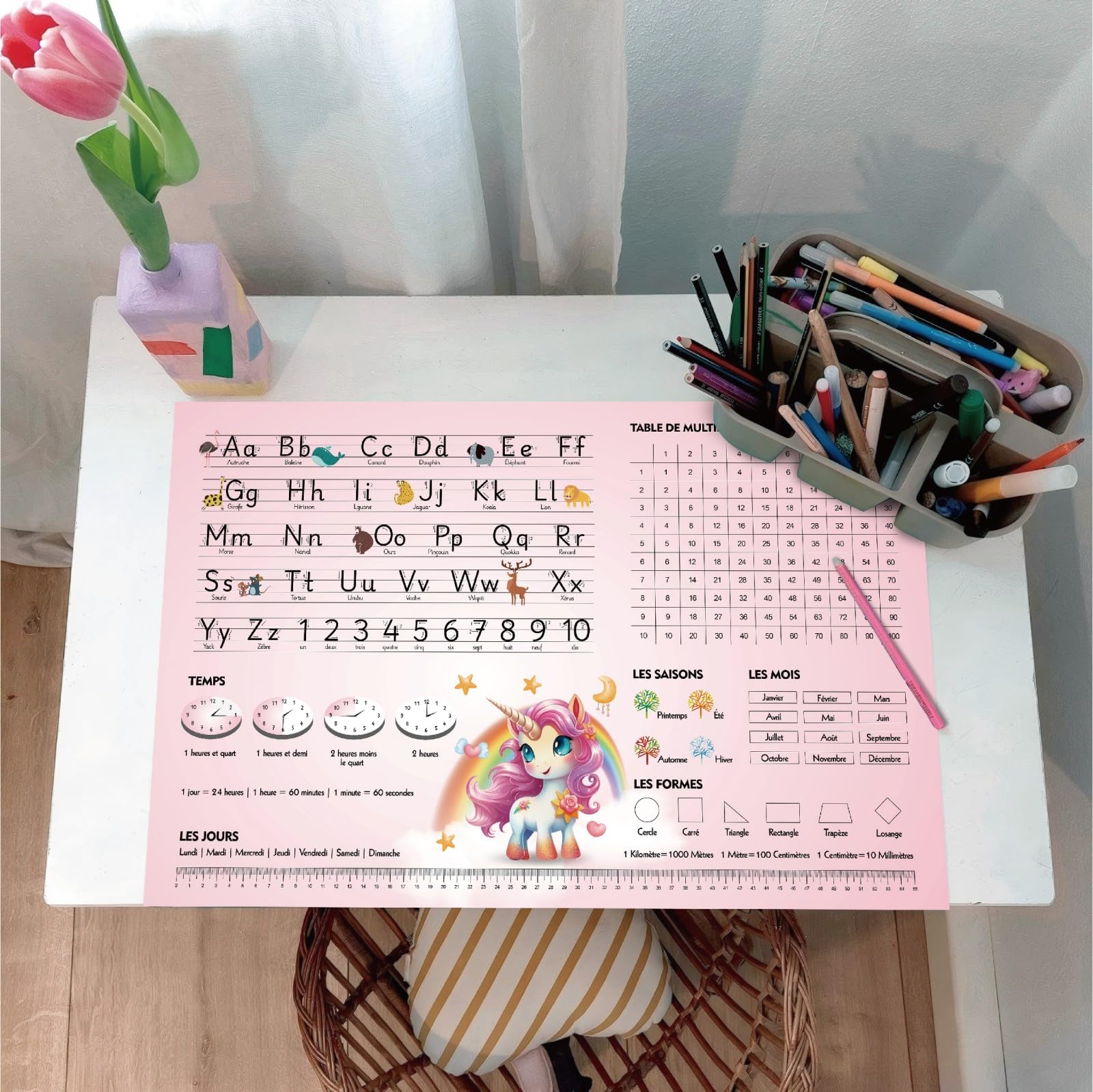 Éducatif Sous-main pour Enfant 40x60cm - Français - Thème Licorne - ABC avec Animaux - 1X1 - Formes - Heures - Tapis de Bureau Imperméable - Cuir PU Double Face effaçable facile à Nettoyer