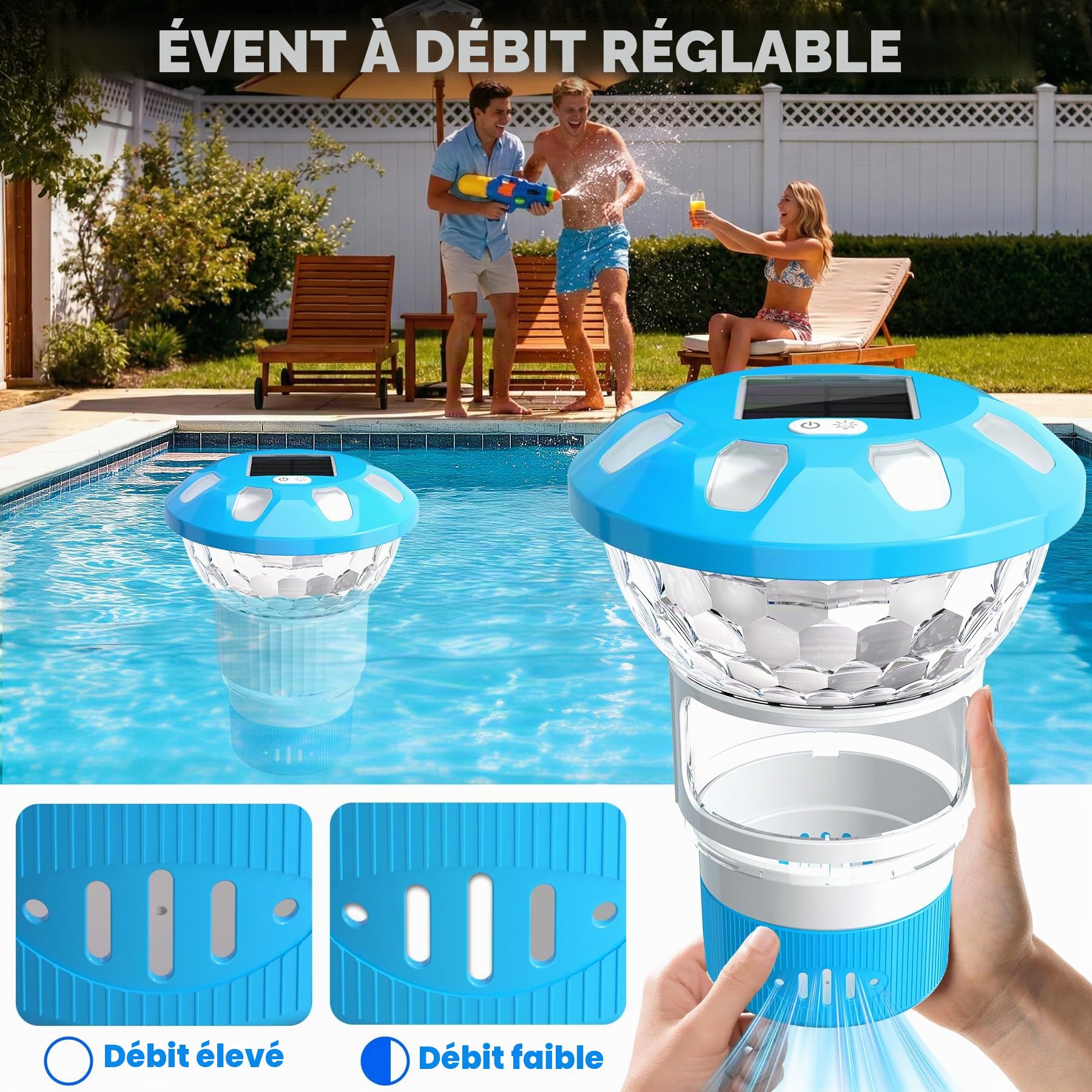 KingSom 2026 Diffuseur Chlore Piscine, Distributeur de Chlore Flottant avec Lumineux Solaire, Contrôle par Bouton Distributeur de Chlore pour Piscine Réglable, Doseur de Chlore,Flotteur Chlore Piscine