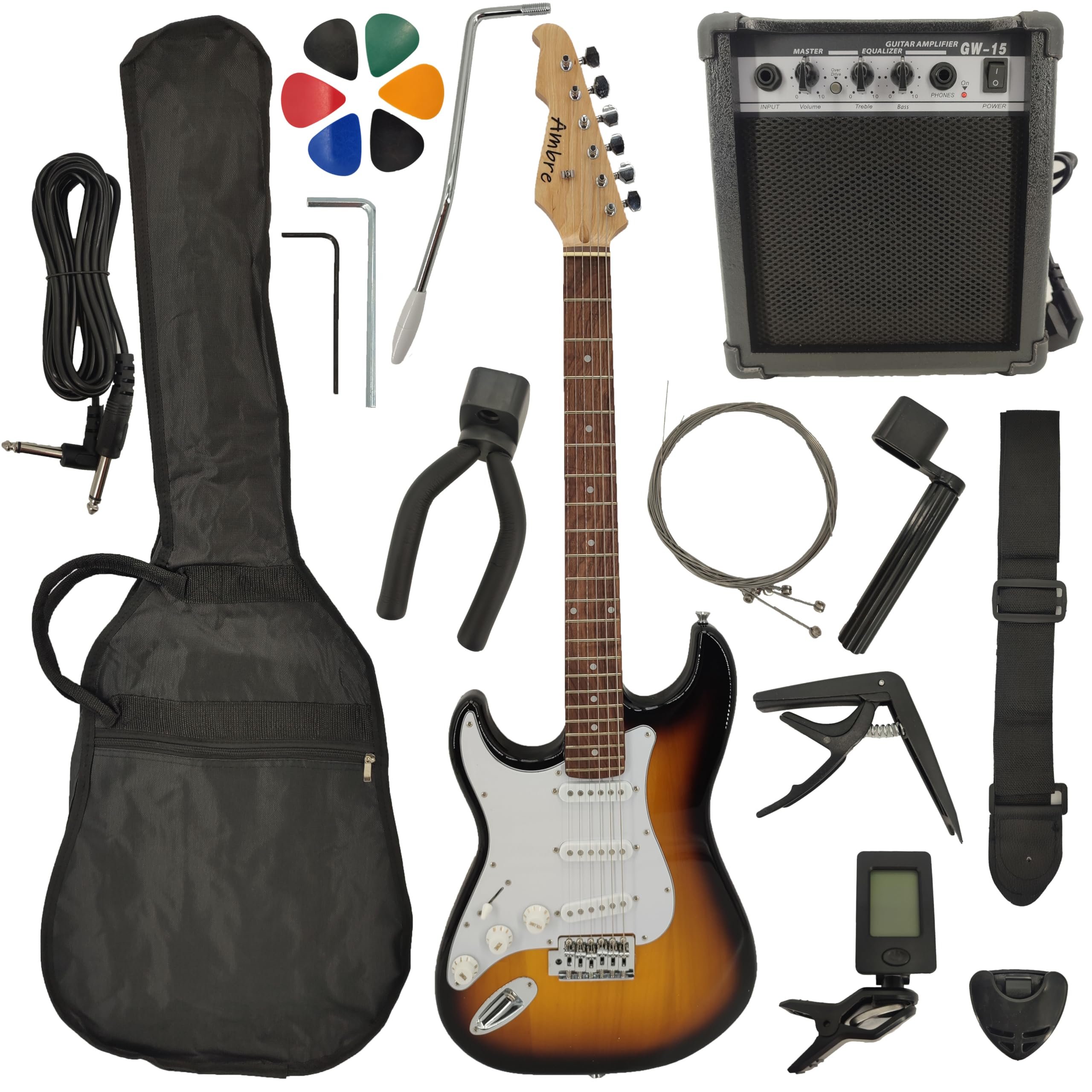 Pack Guitare Electrique Adulte (Droitier ou Gaucher) + Ampli 15 Watts + 12 Accessoires (Sunburst, Gauche)