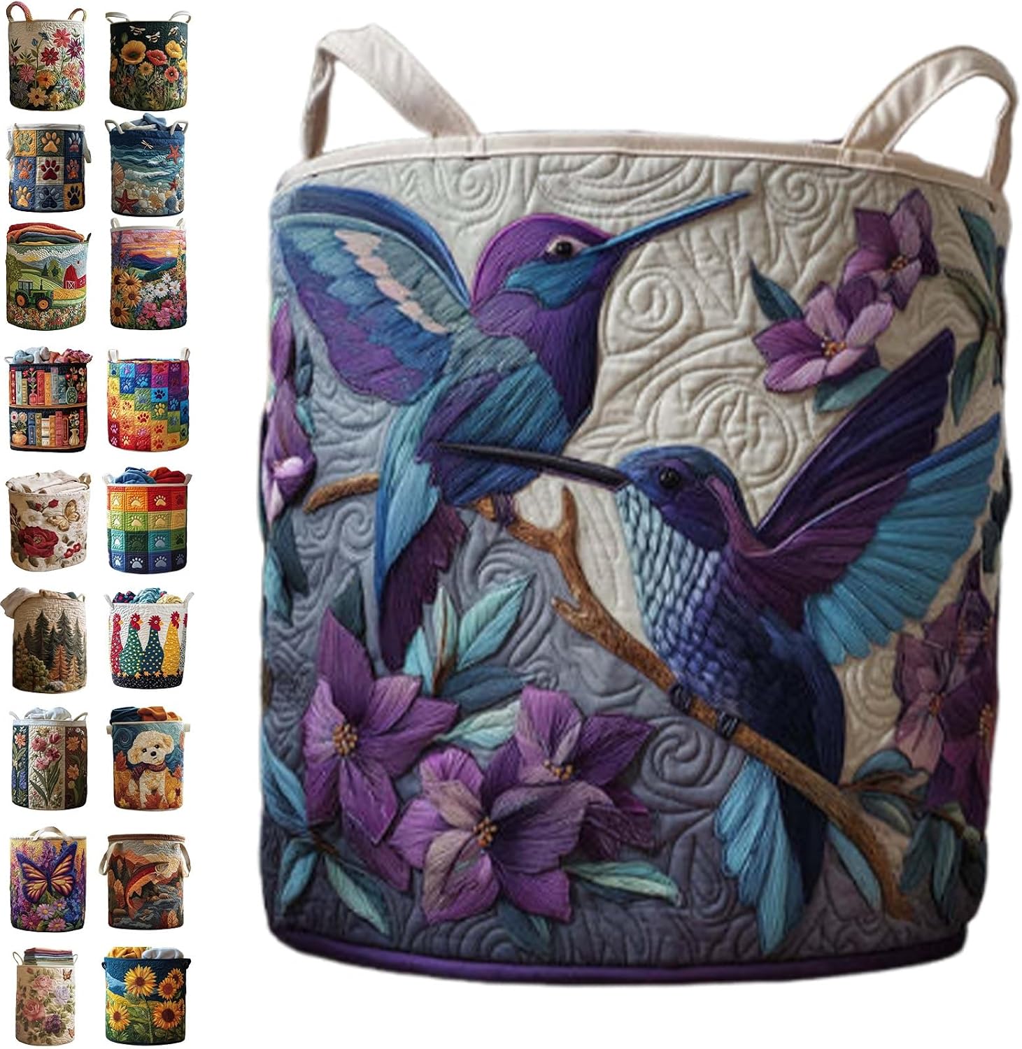 Quilted Laundry Baskets with Handles, Large Floral Fabric Hampers, Extra Soft Boho Chic Storage Organizer for Nurseries, Collapsible Clothes Bins, Portable Bedroom Washing Container