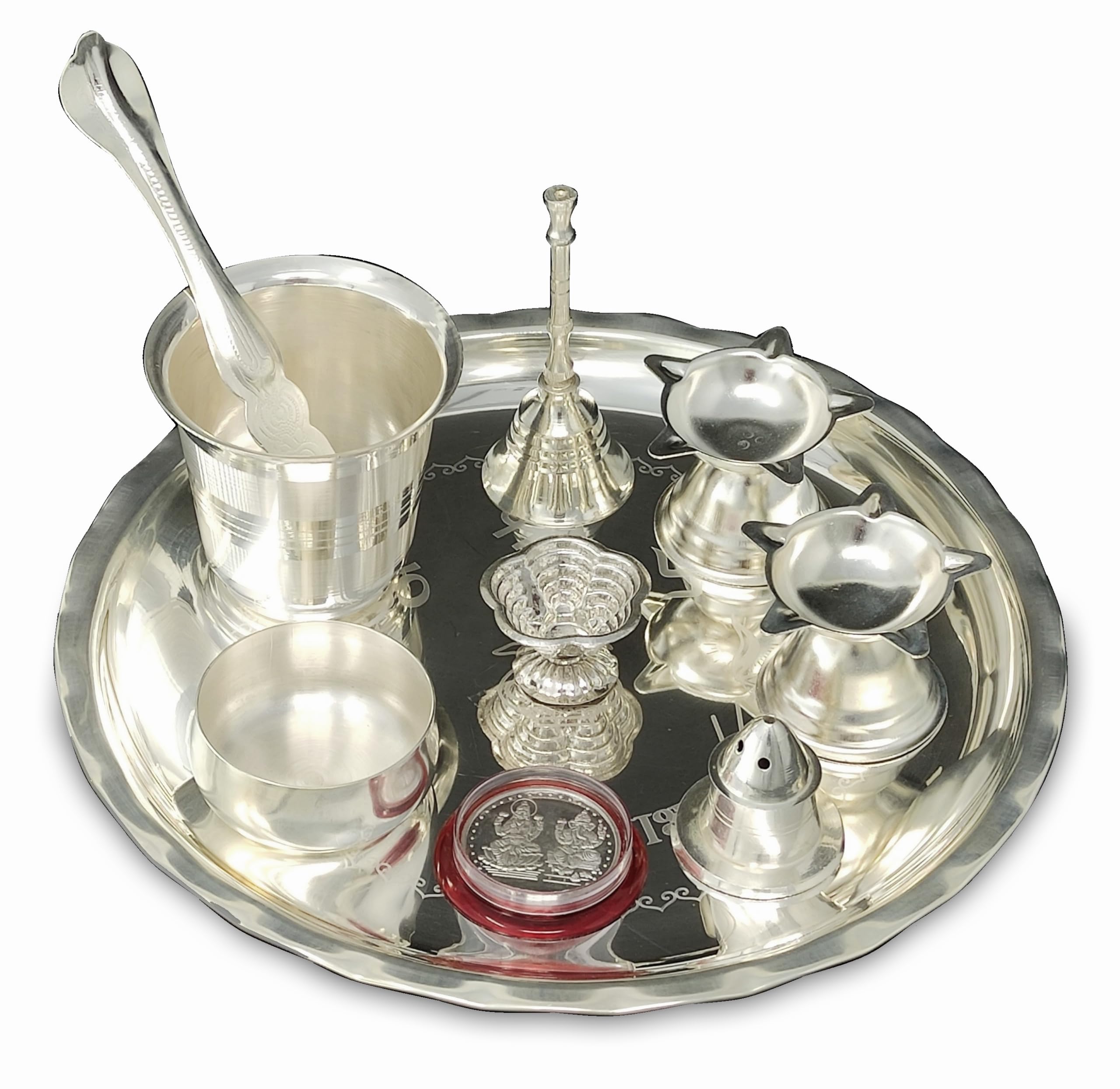 Silver Plated Pooja thali Set 8 Inch Plate Coin Glass Bowl Spoon Ghanti Diya Agarbatti Stand Puja Thali Decorative for Diwali Daily Home Mandir Office Wedding Return Gift Items