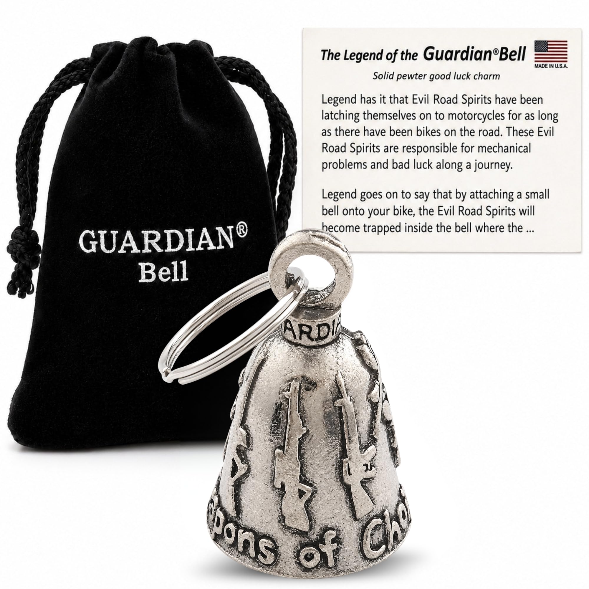 Guardian Bell Weapons of Choice Good Luck Bell w/Keyring &amp; Black Velvet Gift Bag | Motorcycle Bell | Lead-Free Pewter | Good Luck Gift to Friends &amp; Family | Bike Bell | Made in USA