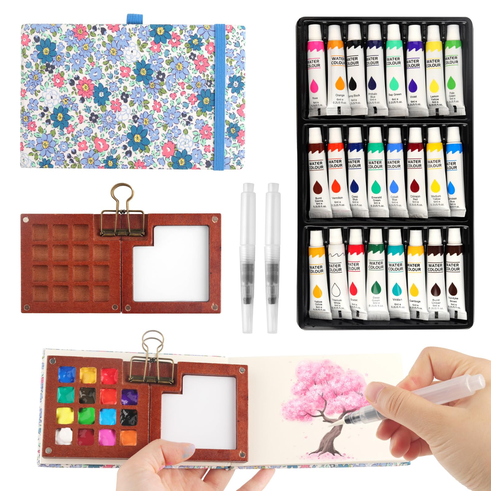 Mini Aquarell Travel Set 24 Farben, Tragbares Holz Malpalette Malkasten mit Aquarellpapier Aquarellpinsel Stiftel Clip, Wood Pocket Artist Aquarell-reiseset für Künstler, Outdoor Skizze, Anfänger