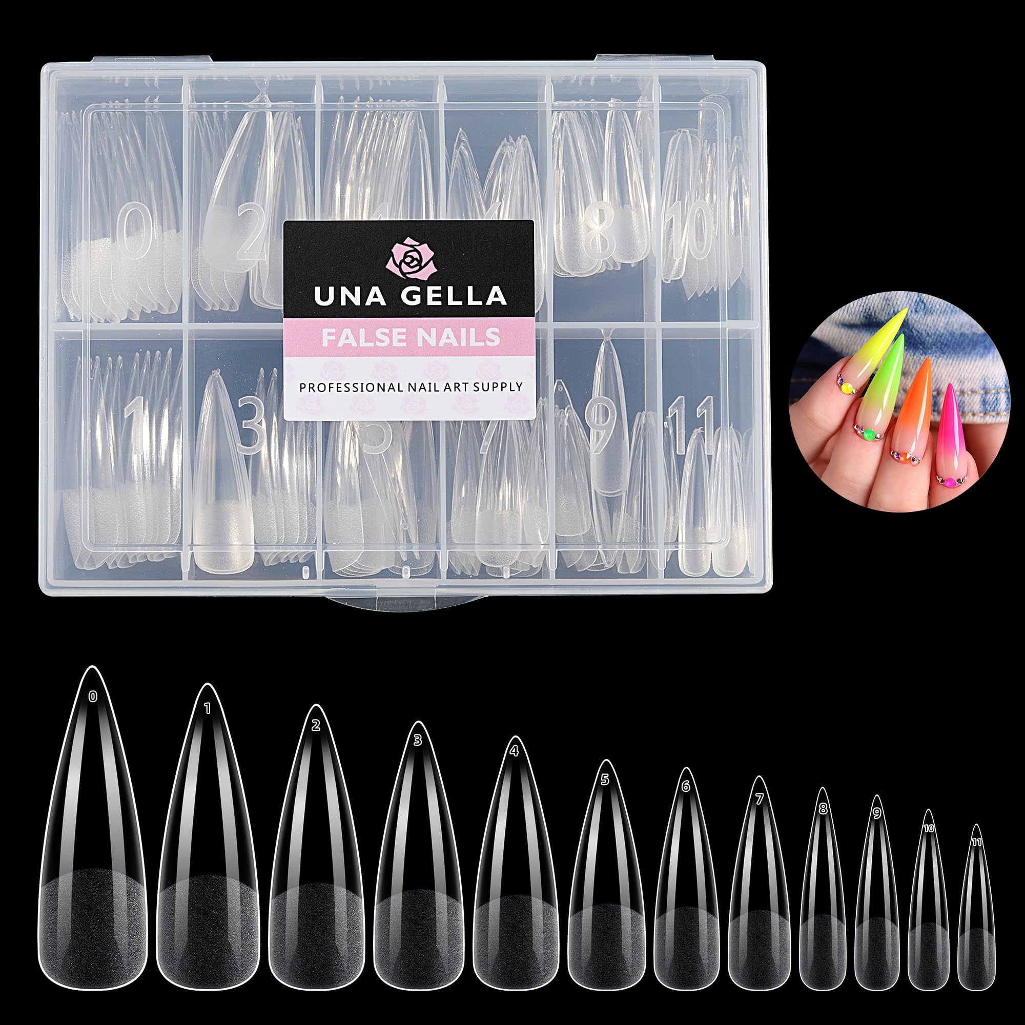 UNA GELLA Stiletto XXL Nail Tips No Need File Extra Long Stiletto Nails Full Cover 120PCS Long Almond Gel Nail Tips Pre-buff Press on Fake Nails for Gel Nail Extension Home DIY Salon 12 Size